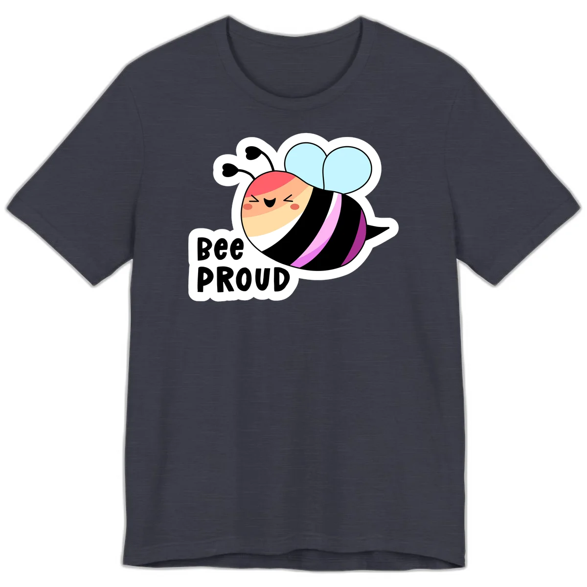 Cheerful cartoon bee with peach face and pink-striped body next to 'Bee Proud' text celebrating pride and individuality in Heather Midnight Navy