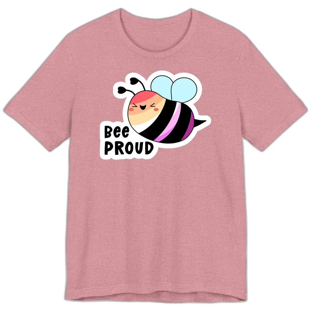 Cheerful cartoon bee with peach face and pink-striped body next to 'Bee Proud' text celebrating pride and individuality in Heather Orchid