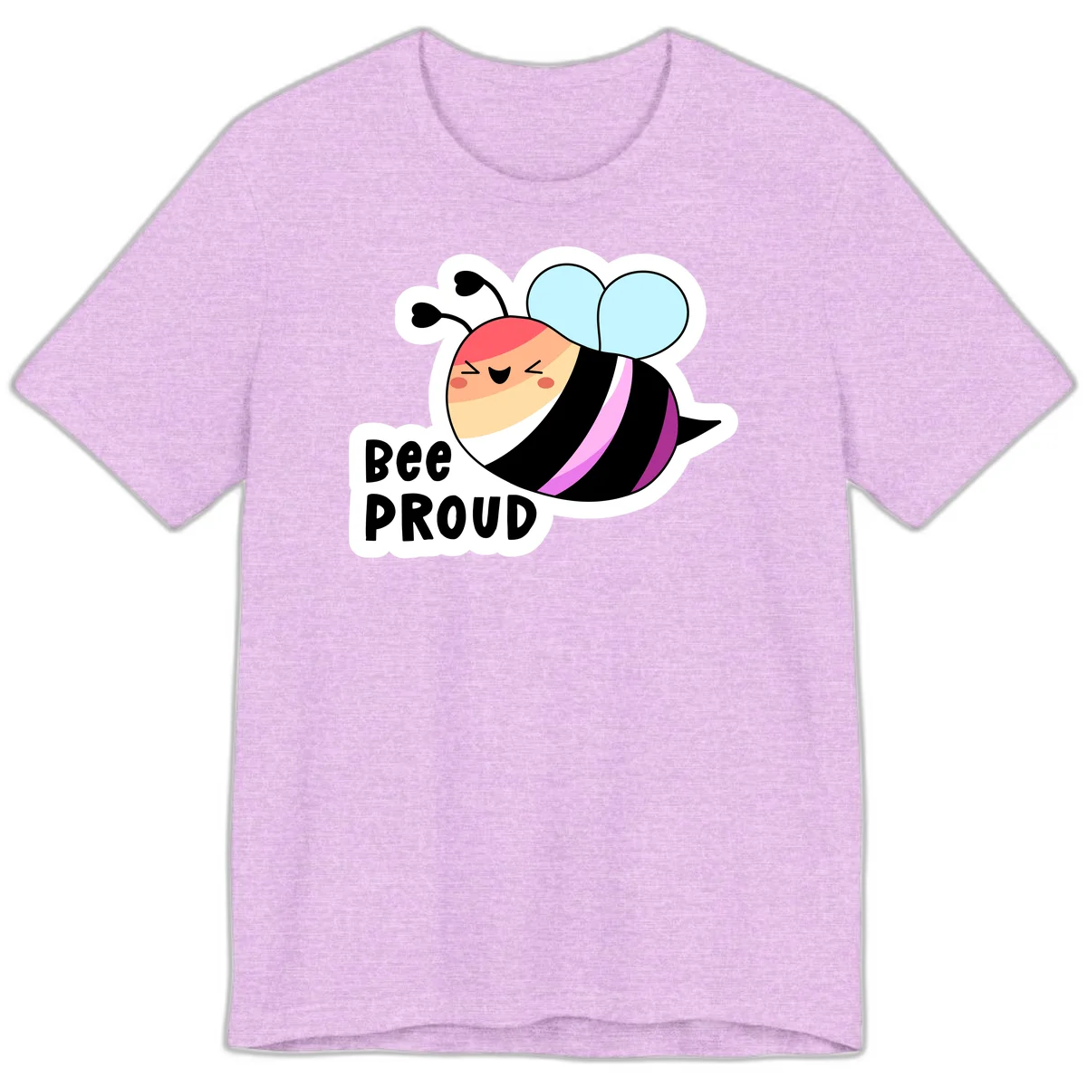Cheerful cartoon bee with peach face and pink-striped body next to 'Bee Proud' text celebrating pride and individuality in Heather Prism Lilac
