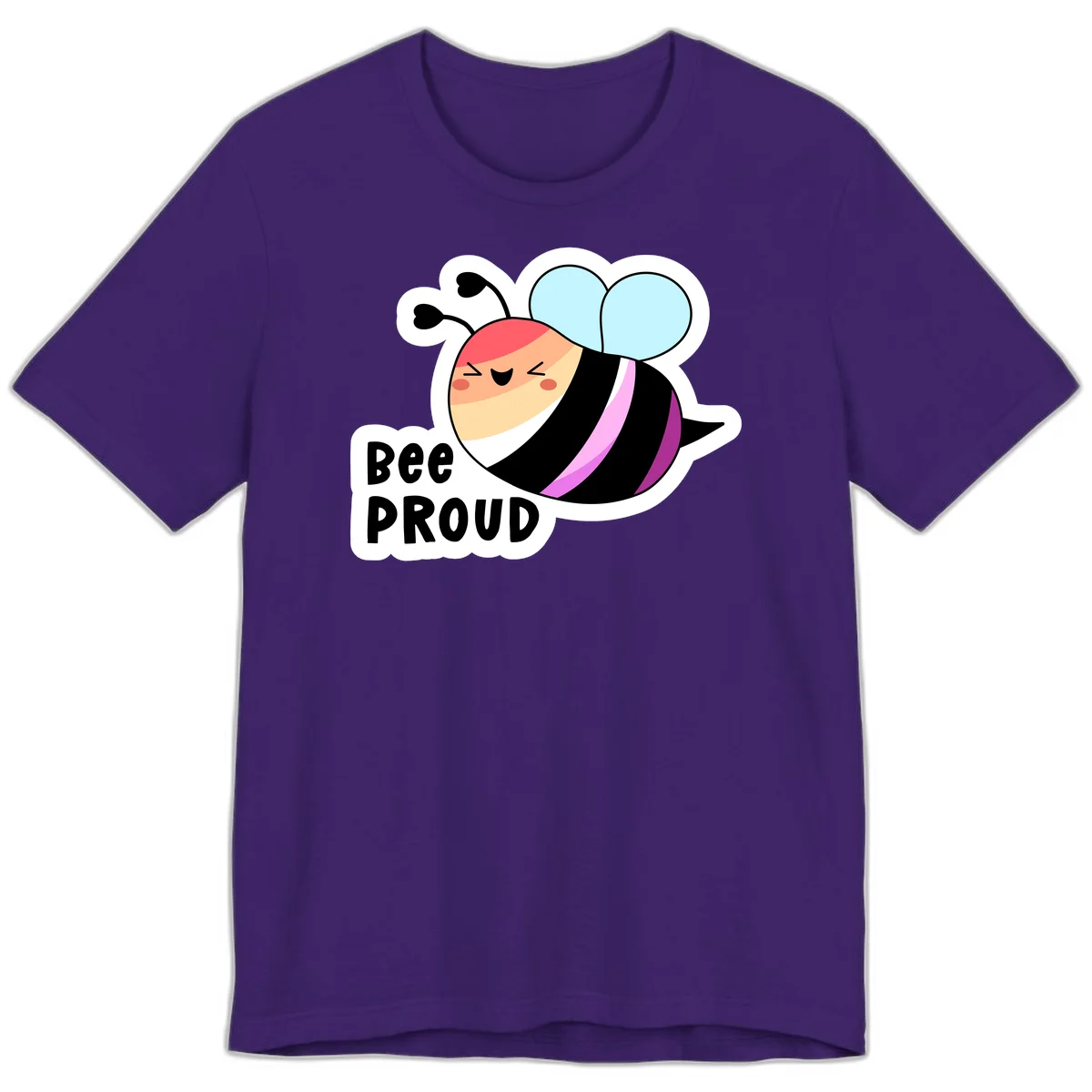 Cheerful cartoon bee with peach face and pink-striped body next to 'Bee Proud' text celebrating pride and individuality in Team Purple
