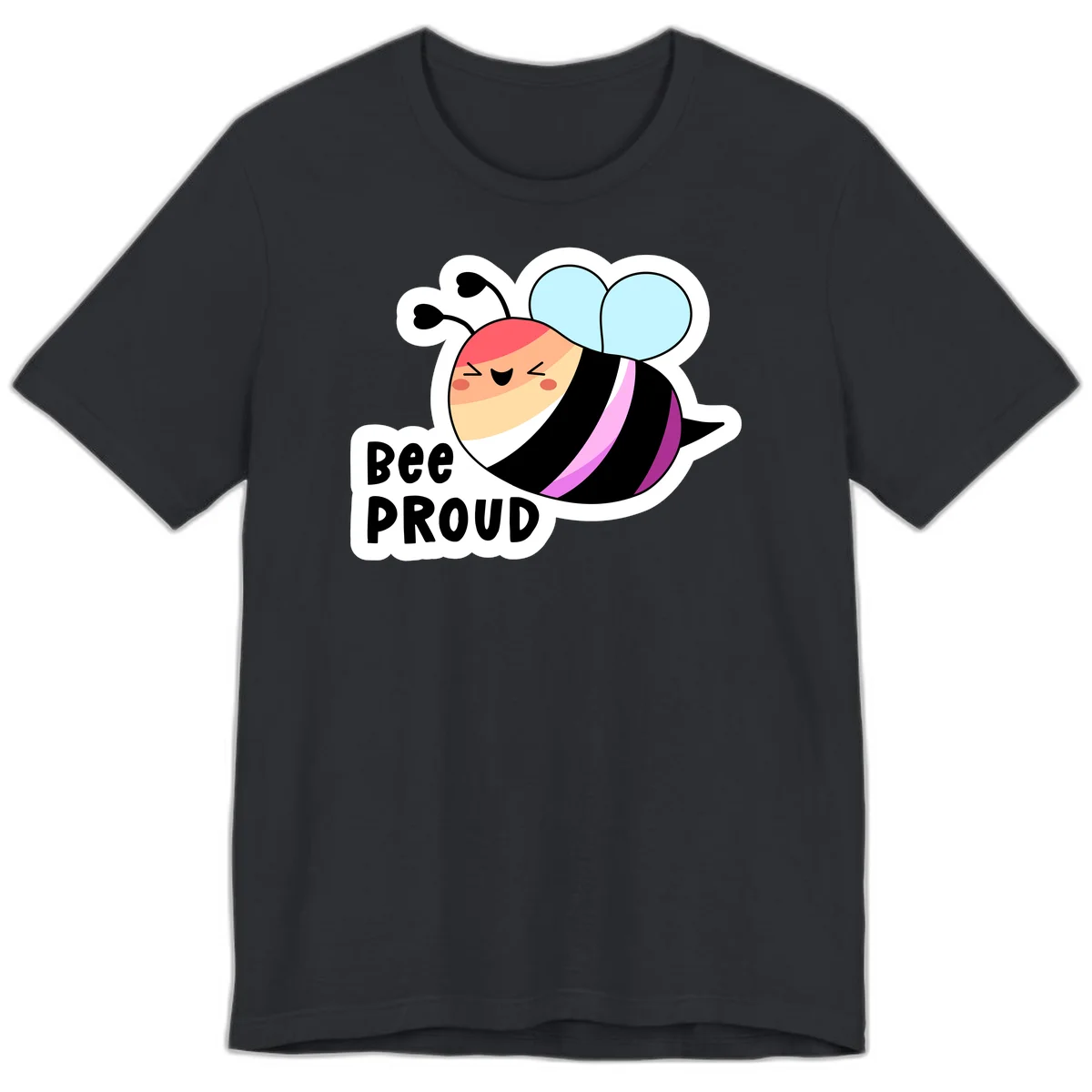 Cheerful cartoon bee with peach face and pink-striped body next to 'Bee Proud' text celebrating pride and individuality in Vintage Black