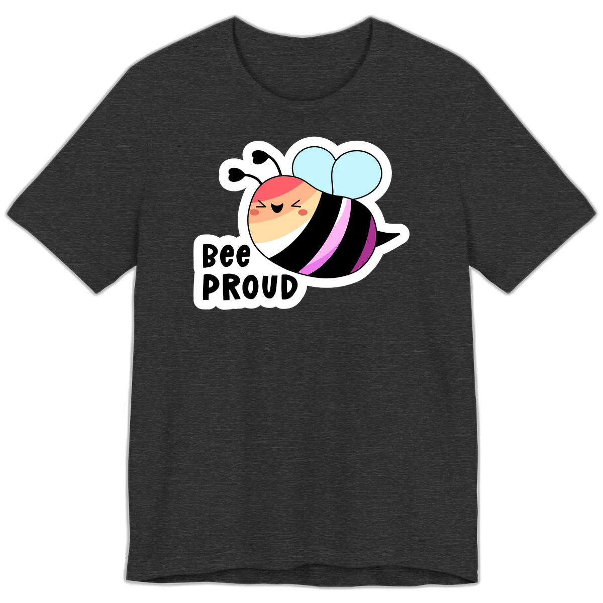 Cheerful cartoon bee with peach face and pink-striped body next to 'Bee Proud' text celebrating pride and individuality in Dark Grey Heather