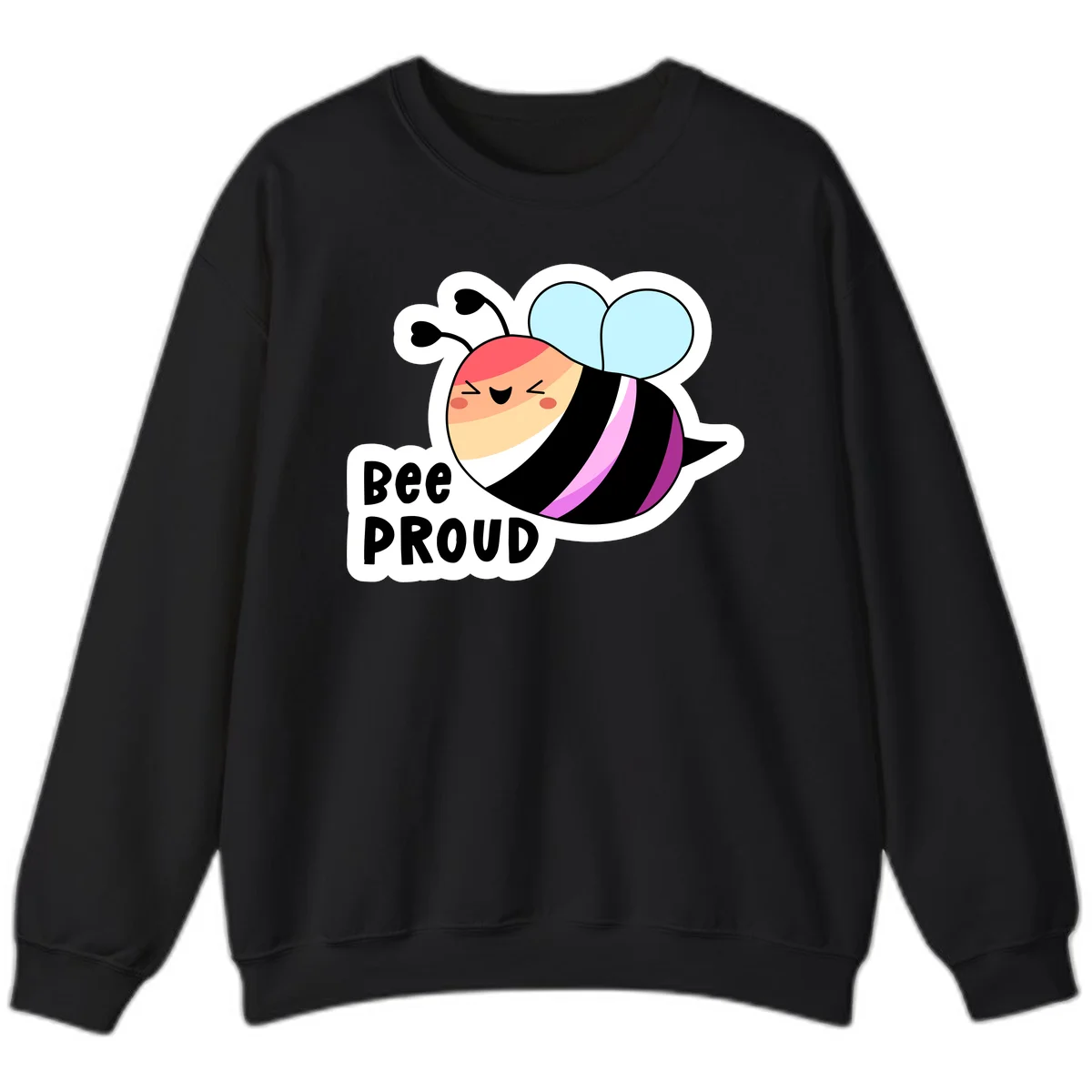 Cheerful cartoon bee with peach face and pink-striped body next to 'Bee Proud' text celebrating pride and individuality in Black