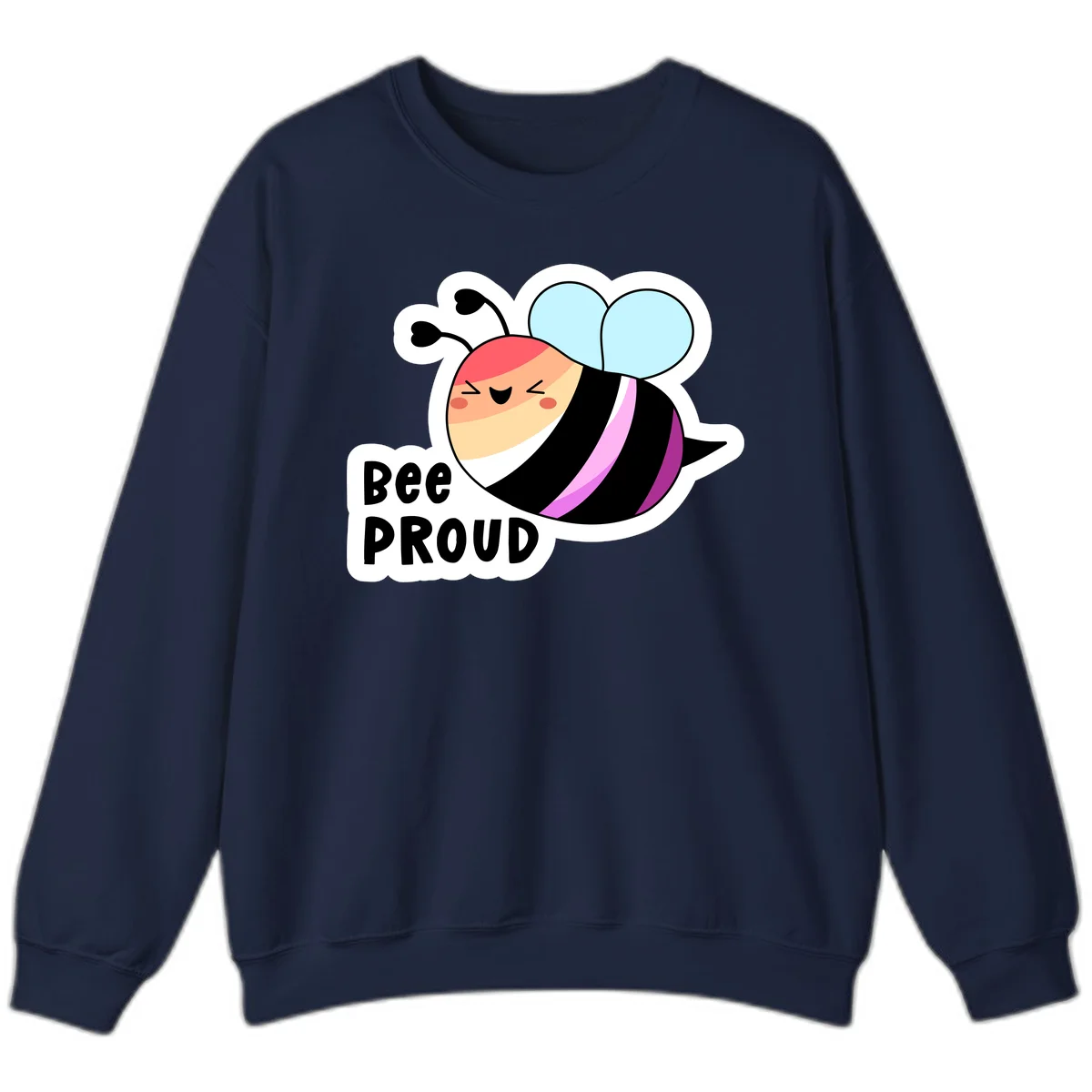 Cheerful cartoon bee with peach face and pink-striped body next to 'Bee Proud' text celebrating pride and individuality in Navy