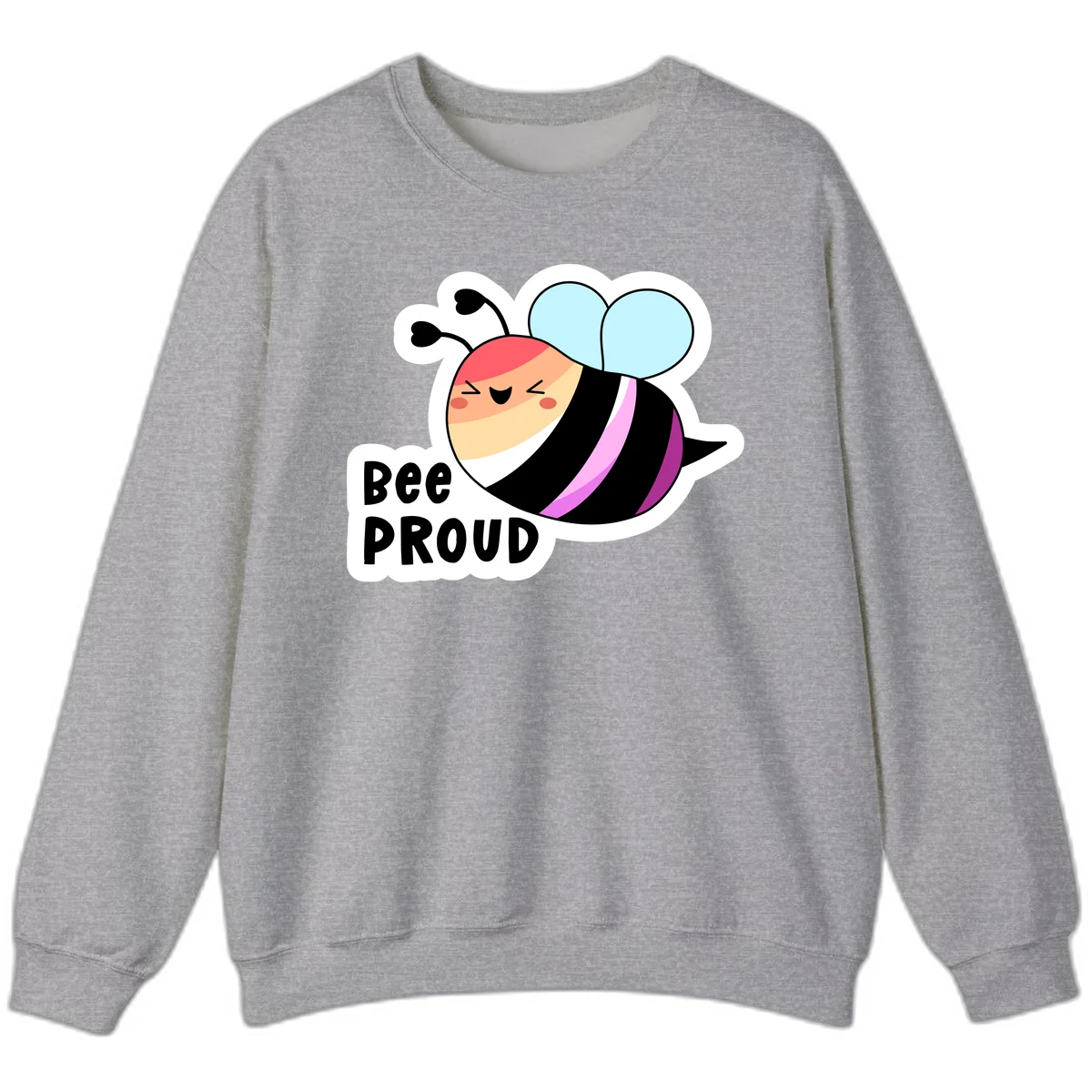 Cheerful cartoon bee with peach face and pink-striped body next to 'Bee Proud' text celebrating pride and individuality in Sport Grey