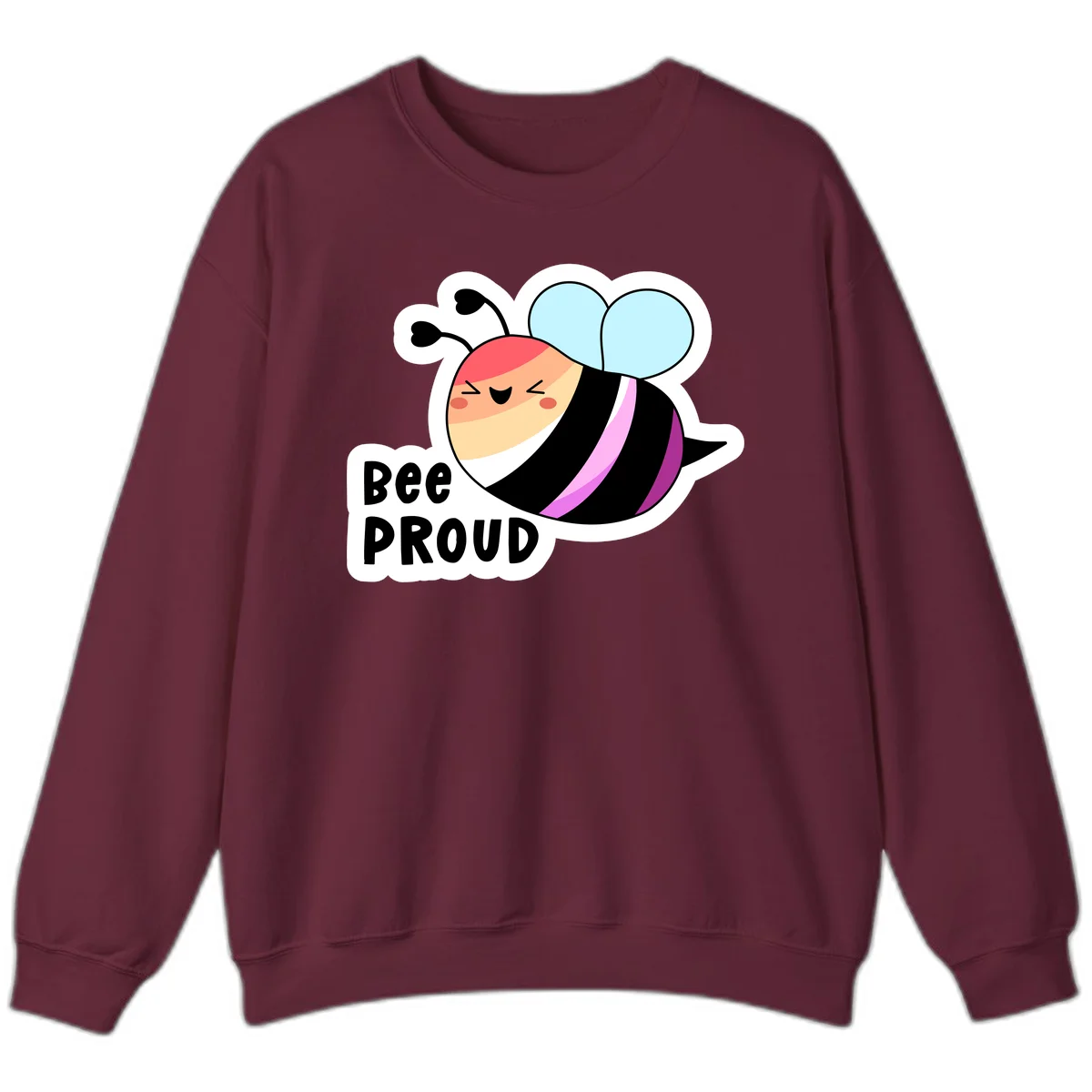 Cheerful cartoon bee with peach face and pink-striped body next to 'Bee Proud' text celebrating pride and individuality in Maroon