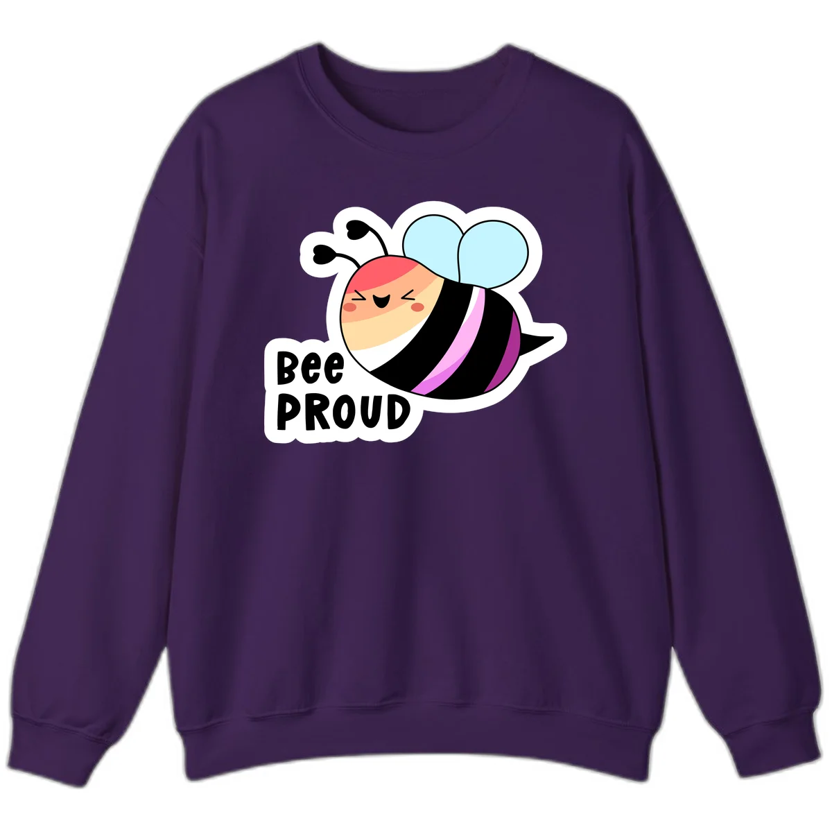 Cheerful cartoon bee with peach face and pink-striped body next to 'Bee Proud' text celebrating pride and individuality in Purple
