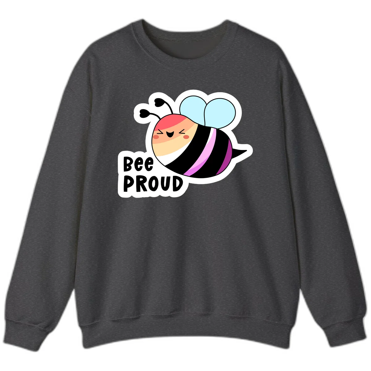 Cheerful cartoon bee with peach face and pink-striped body next to 'Bee Proud' text celebrating pride and individuality in Dark Heather