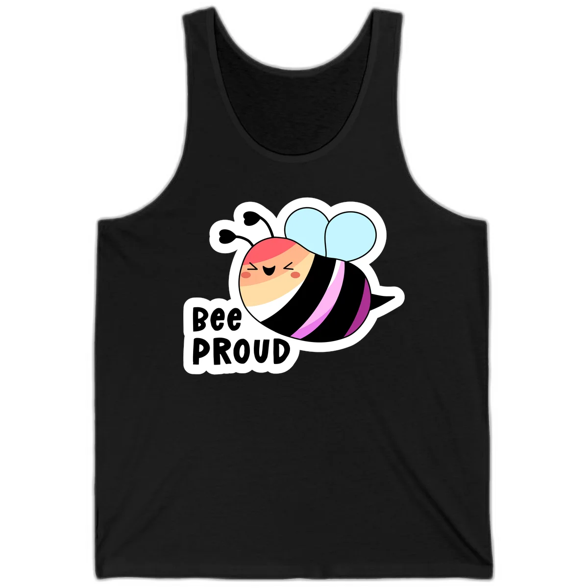 Cheerful cartoon bee with peach face and pink-striped body next to 'Bee Proud' text celebrating pride and individuality in Black