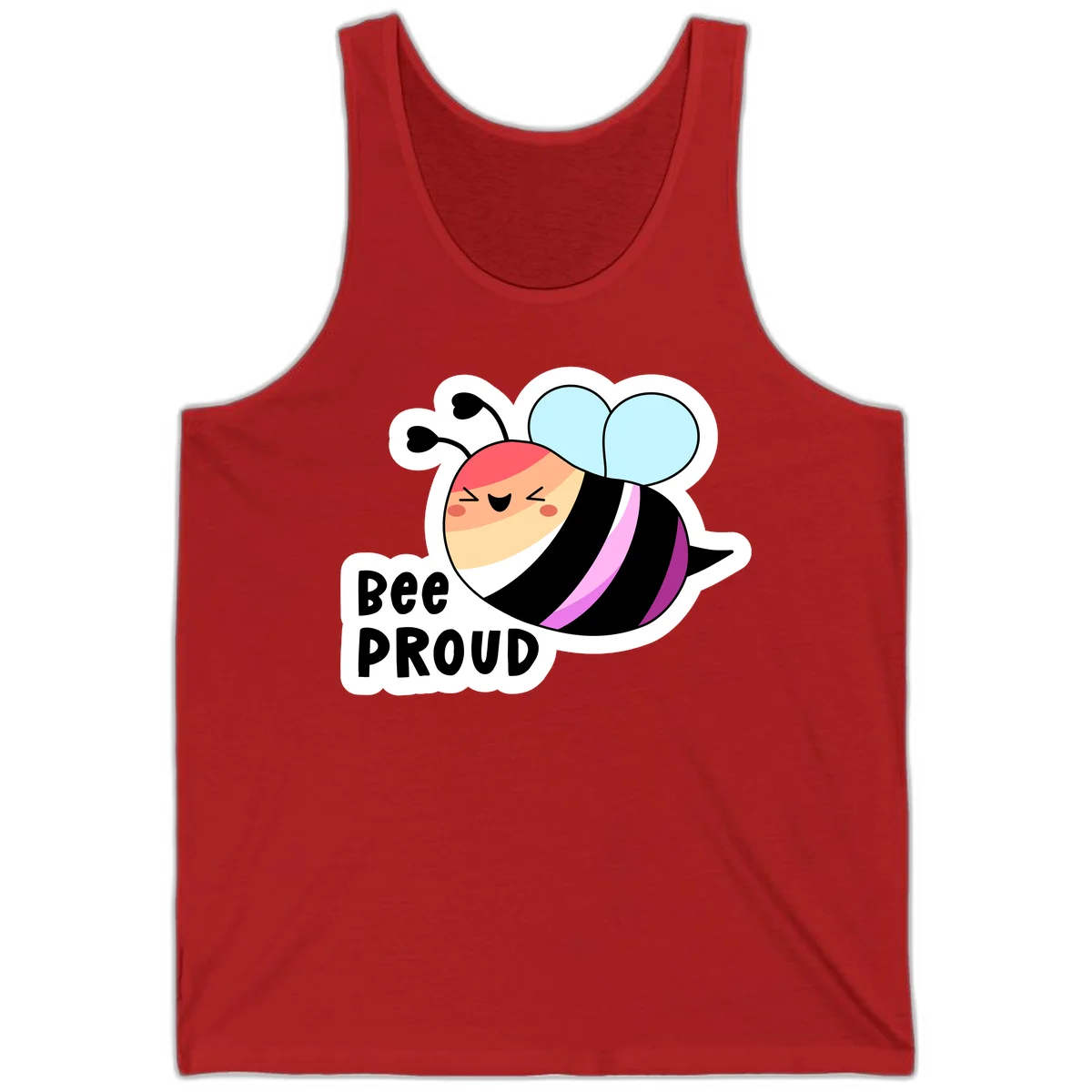 Cheerful cartoon bee with peach face and pink-striped body next to 'Bee Proud' text celebrating pride and individuality in Red