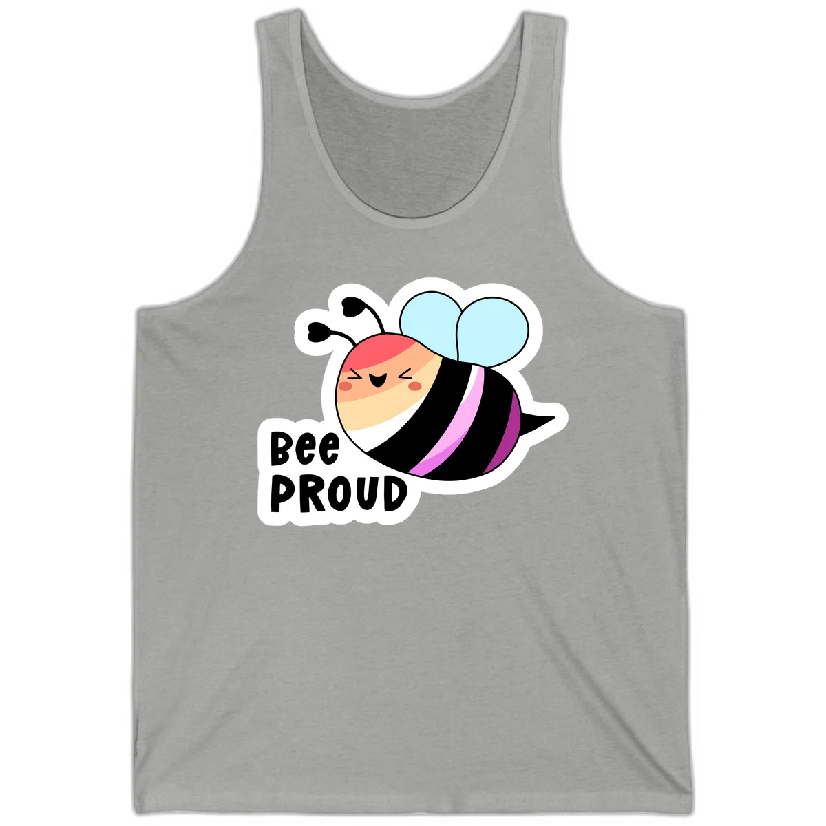 Cheerful cartoon bee with peach face and pink-striped body next to 'Bee Proud' text celebrating pride and individuality in Athletic Heather