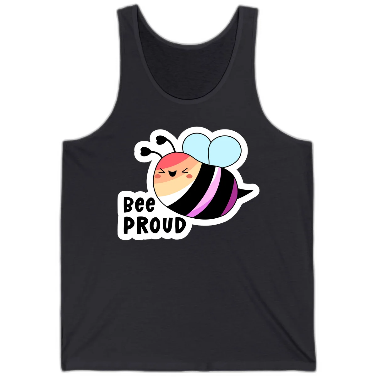 Cheerful cartoon bee with peach face and pink-striped body next to 'Bee Proud' text celebrating pride and individuality in Dark Grey