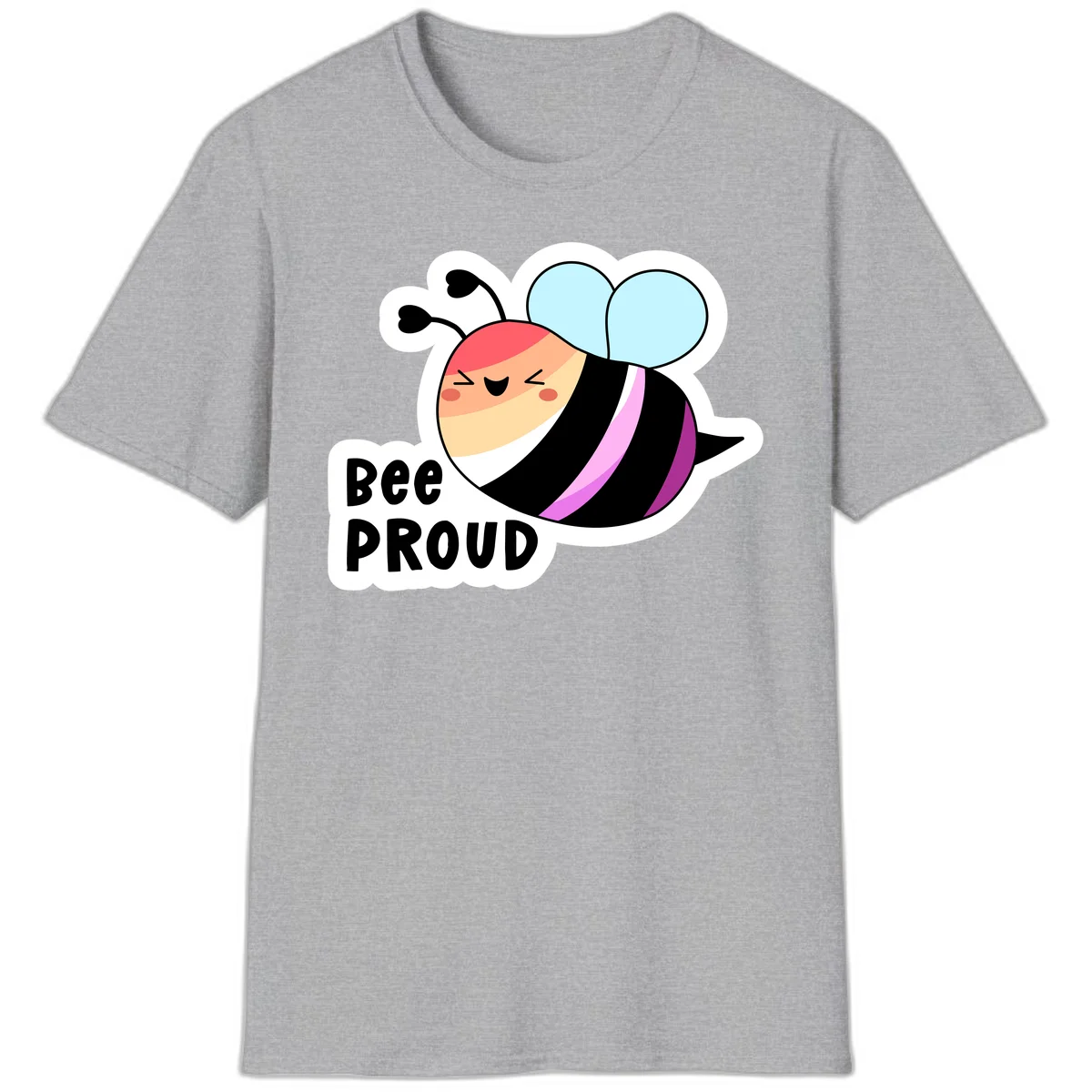 Cheerful cartoon bee with peach face and pink-striped body next to 'Bee Proud' text celebrating pride and individuality in Sport Grey