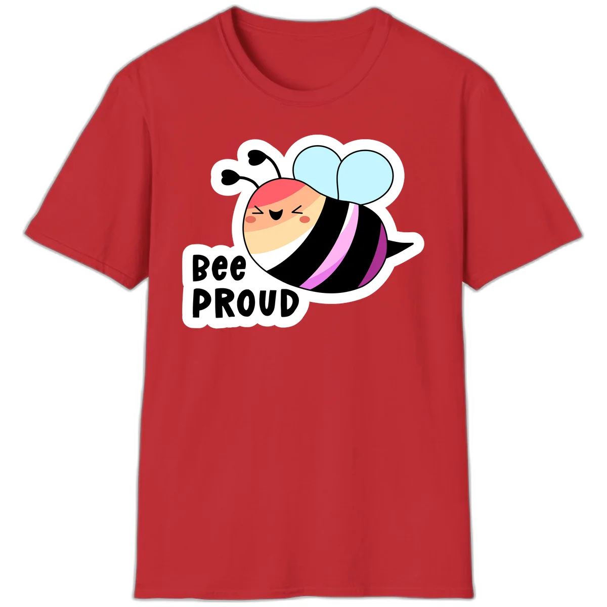 Cheerful cartoon bee with peach face and pink-striped body next to 'Bee Proud' text celebrating pride and individuality in Red