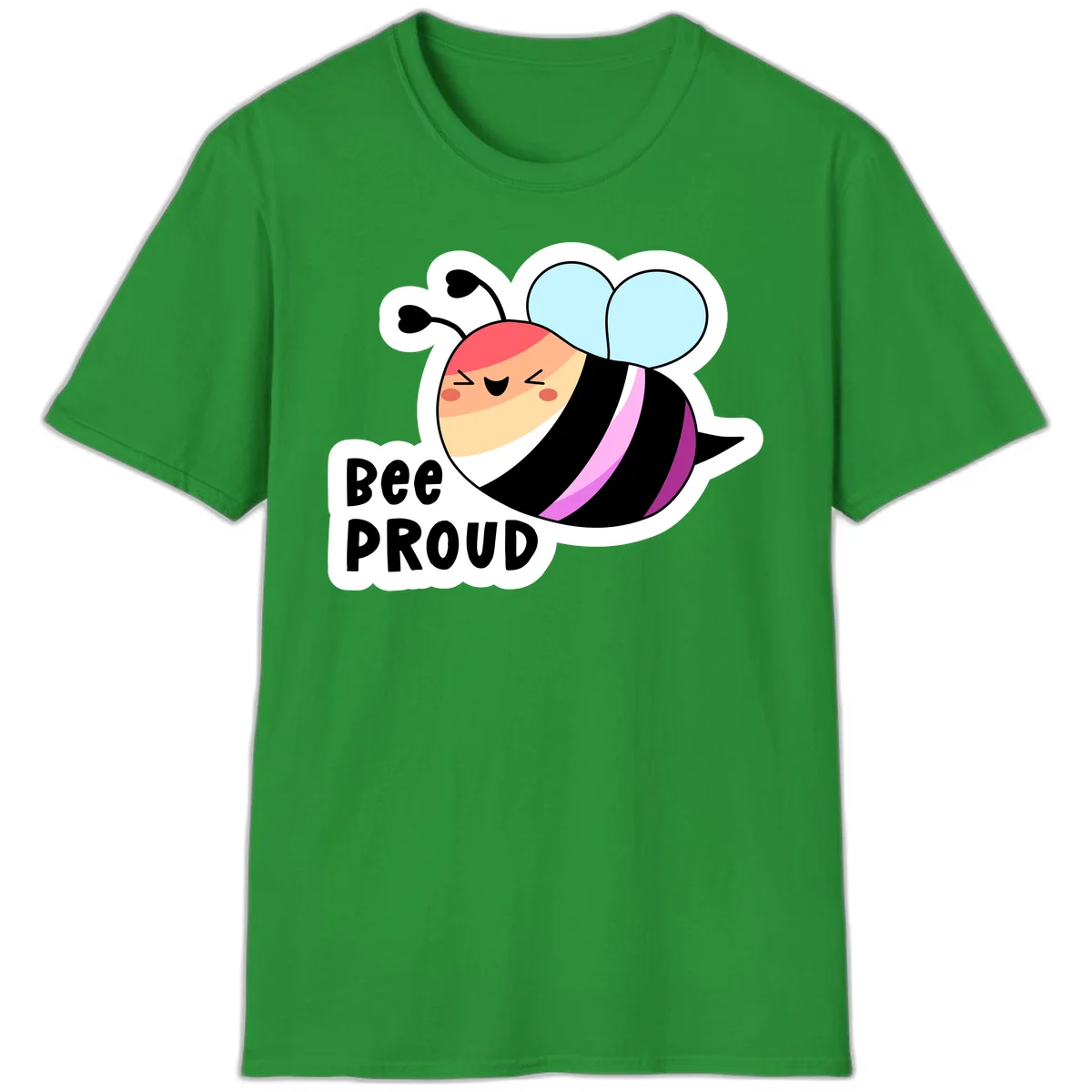 Cheerful cartoon bee with peach face and pink-striped body next to 'Bee Proud' text celebrating pride and individuality in Irish Green