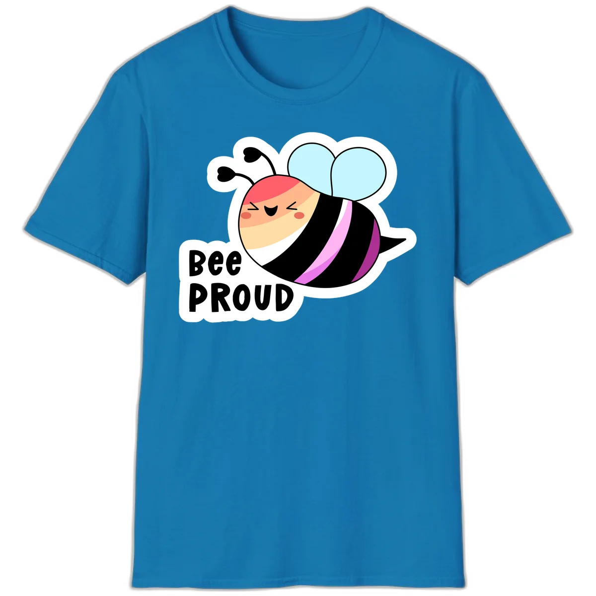 Cheerful cartoon bee with peach face and pink-striped body next to 'Bee Proud' text celebrating pride and individuality in Sapphire