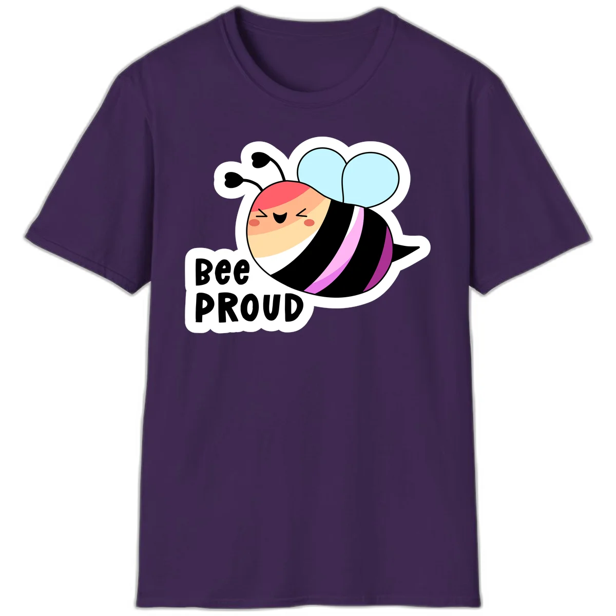 Cheerful cartoon bee with peach face and pink-striped body next to 'Bee Proud' text celebrating pride and individuality in Purple