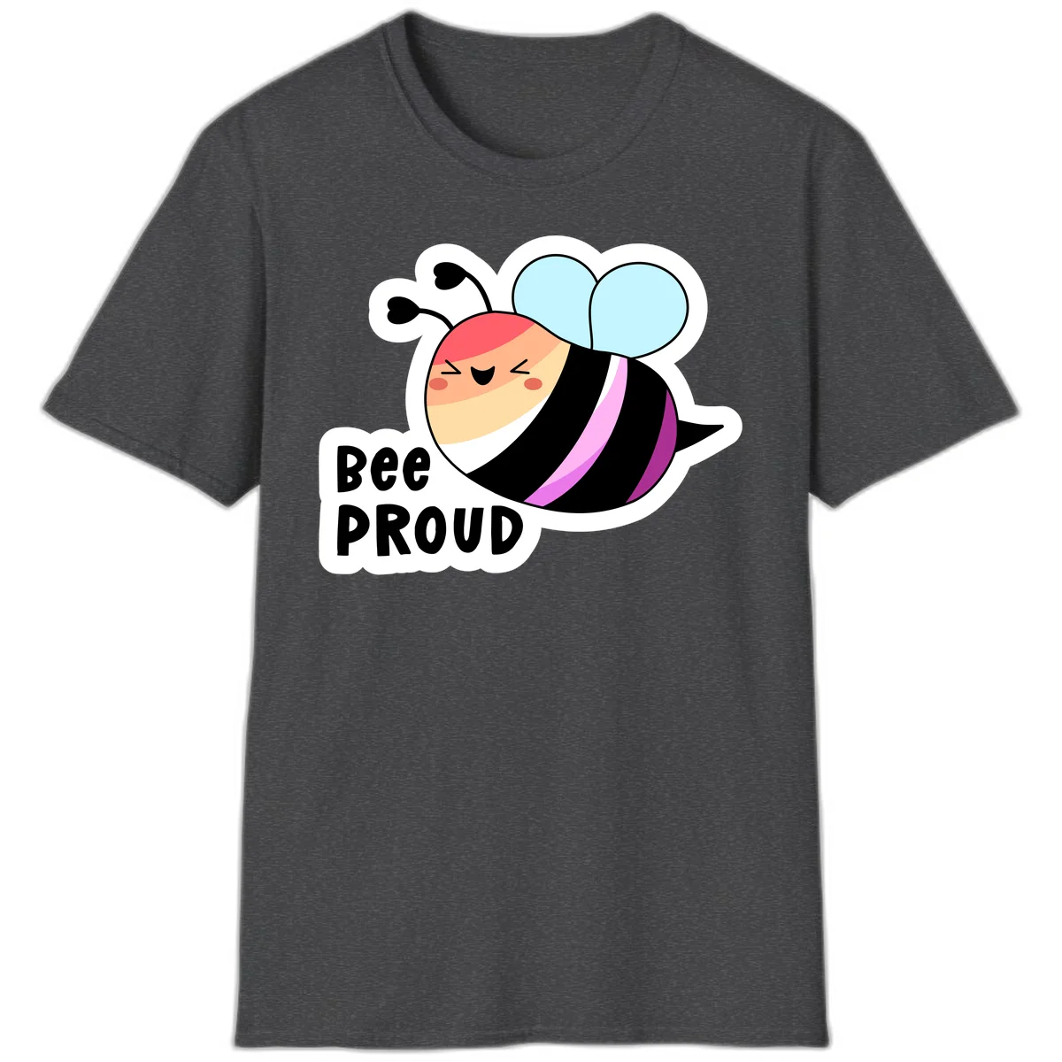 Cheerful cartoon bee with peach face and pink-striped body next to 'Bee Proud' text celebrating pride and individuality in Dark Heather
