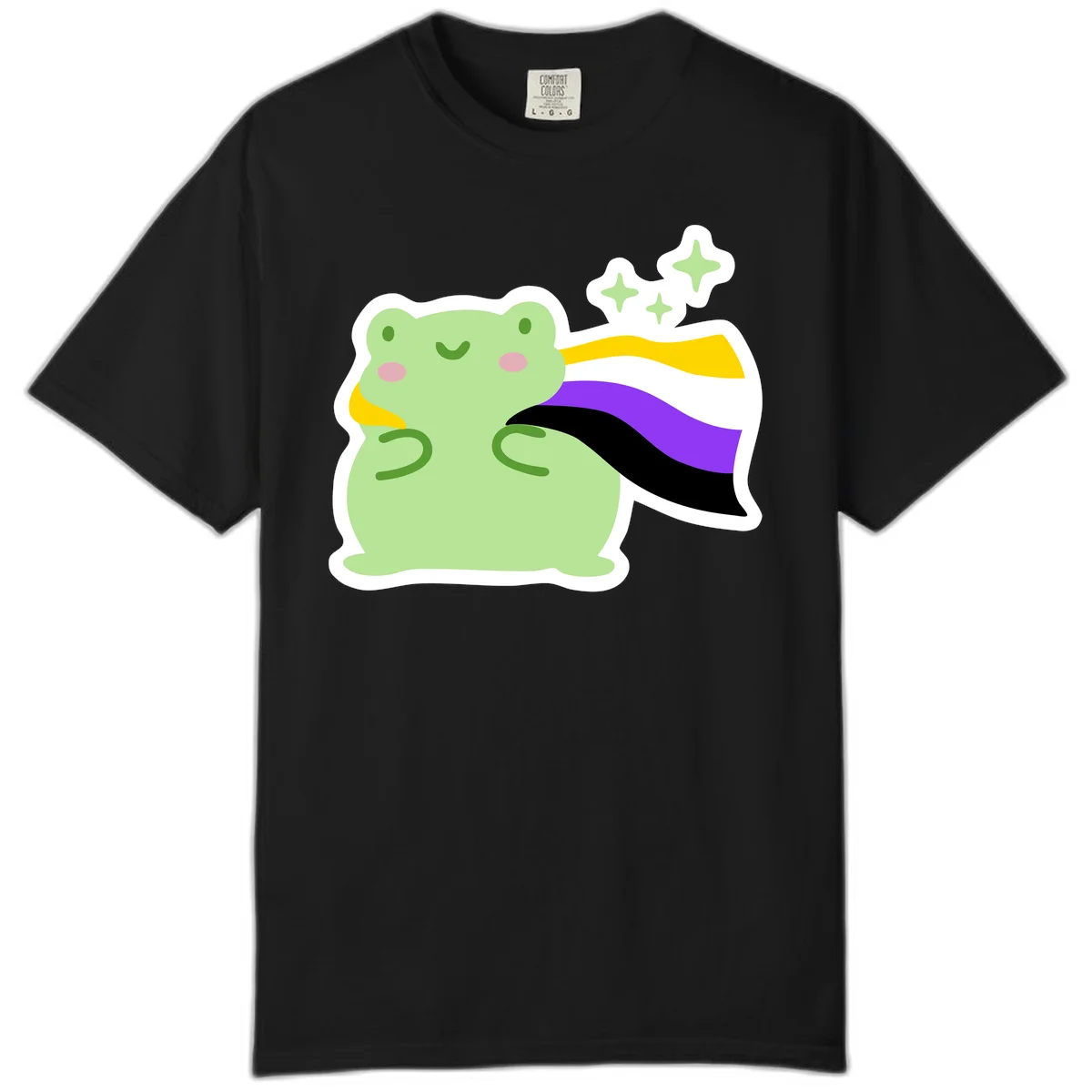 Cute green frog with pink cheeks wearing a yellow, purple, and black rainbow cape with floating sparkle stars in Black