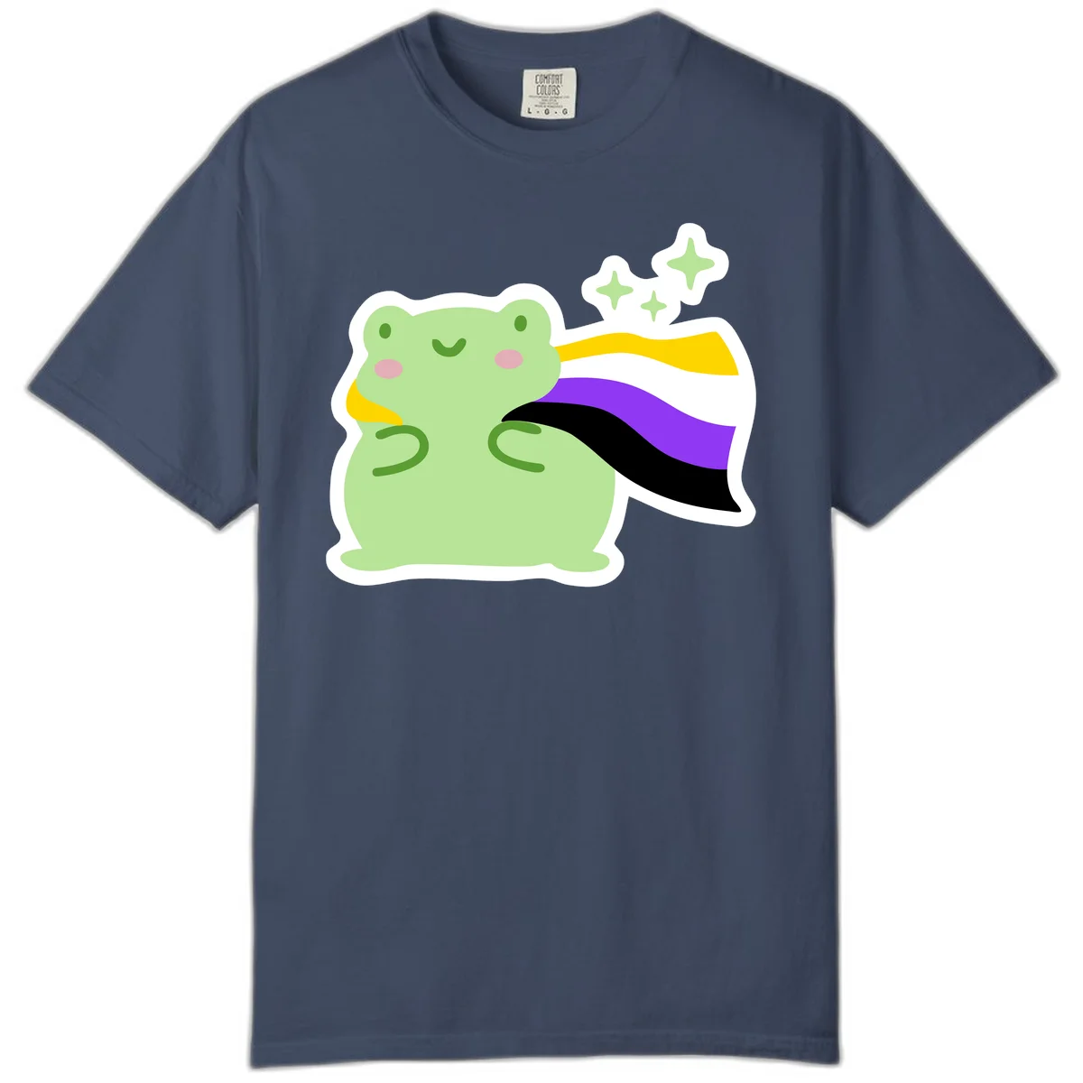 Cute green frog with pink cheeks wearing a yellow, purple, and black rainbow cape with floating sparkle stars in Midnight