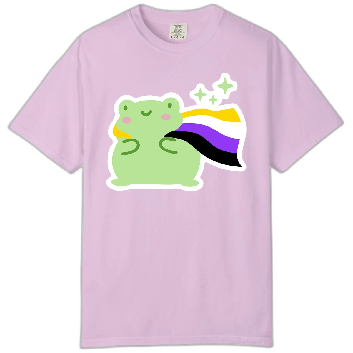 Cute green frog with pink cheeks wearing a yellow, purple, and black rainbow cape with floating sparkle stars in Orchid