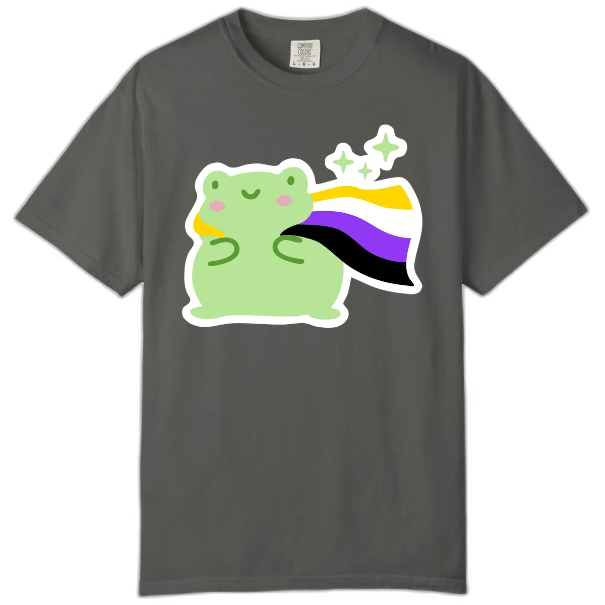 Cute green frog with pink cheeks wearing a yellow, purple, and black rainbow cape with floating sparkle stars in Pepper