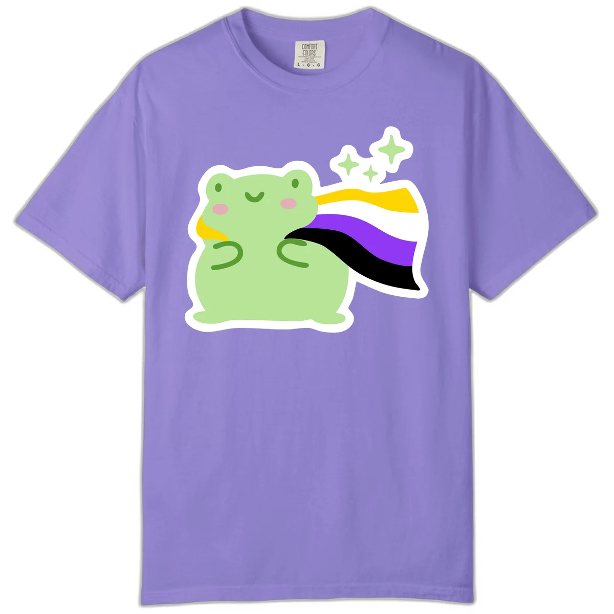 Cute green frog with pink cheeks wearing a yellow, purple, and black rainbow cape with floating sparkle stars in Violet