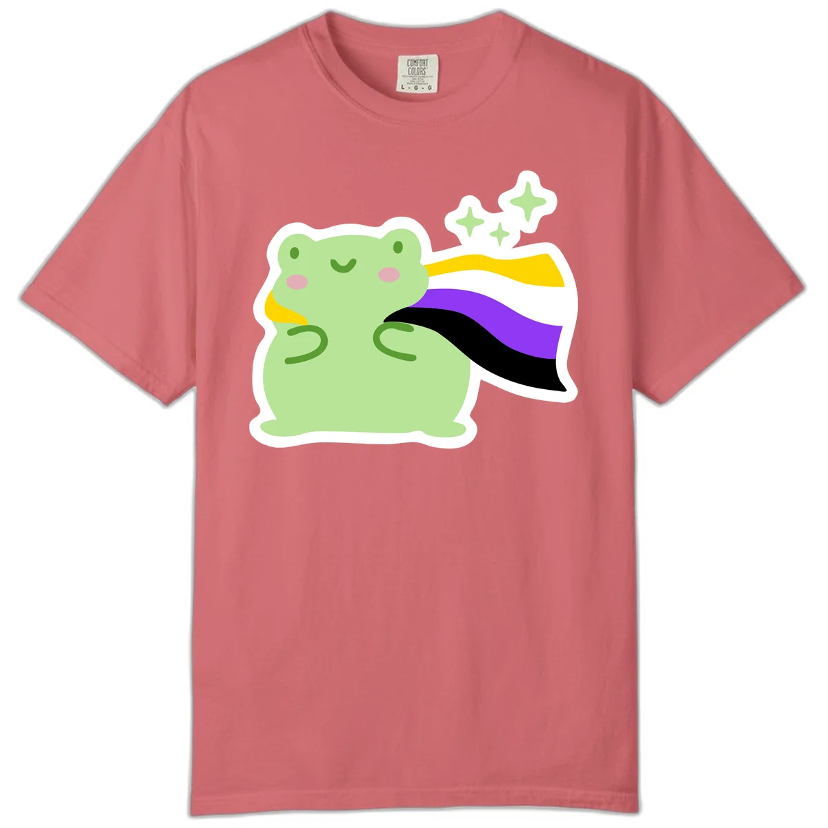 Cute green frog with pink cheeks wearing a yellow, purple, and black rainbow cape with floating sparkle stars in Watermelon