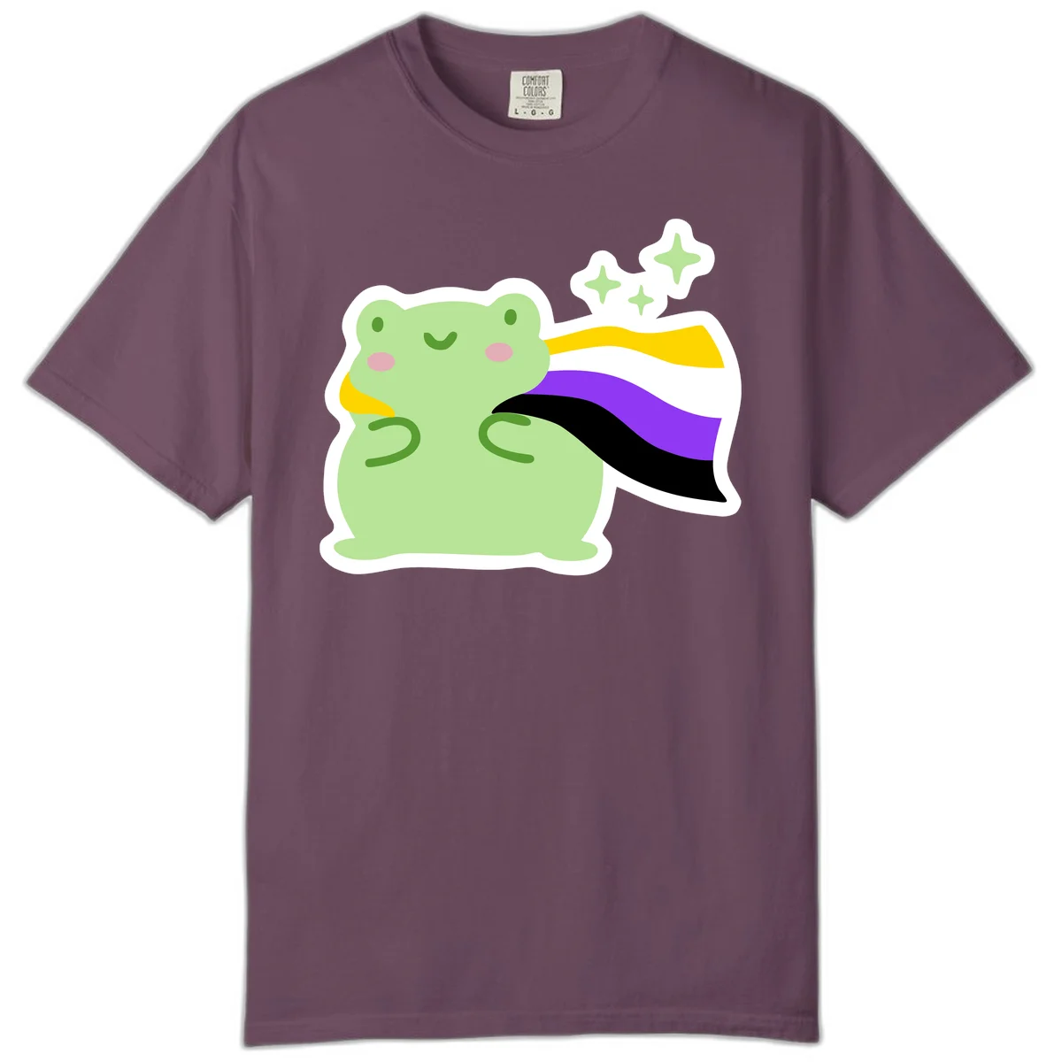 Cute green frog with pink cheeks wearing a yellow, purple, and black rainbow cape with floating sparkle stars in Berry