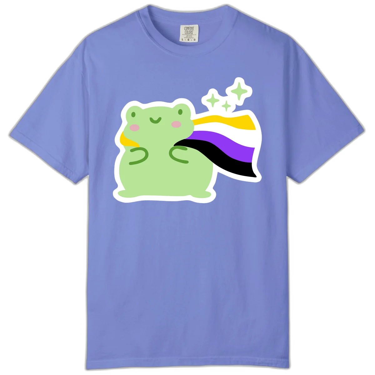 Cute green frog with pink cheeks wearing a yellow, purple, and black rainbow cape with floating sparkle stars in Flo Blue