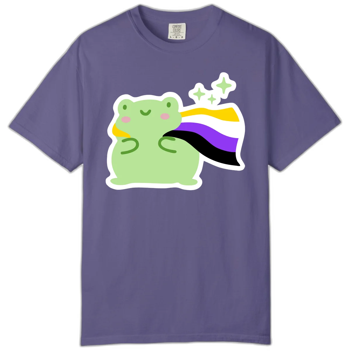 Cute green frog with pink cheeks wearing a yellow, purple, and black rainbow cape with floating sparkle stars in Grape