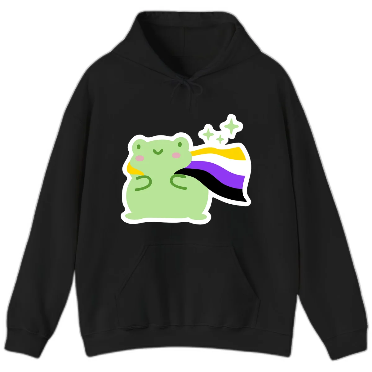 Cute green frog with pink cheeks wearing a yellow, purple, and black rainbow cape with floating sparkle stars in Black