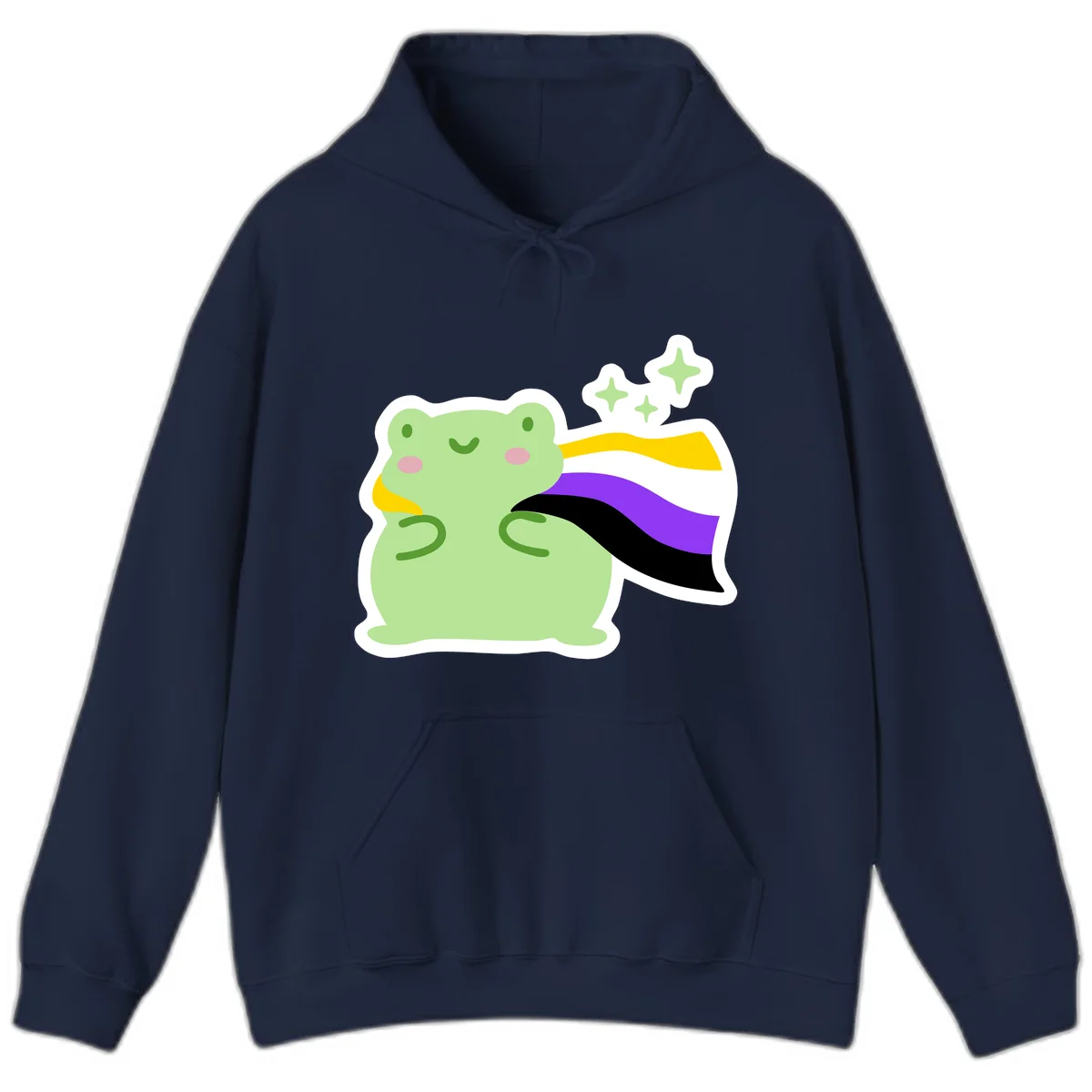 Cute green frog with pink cheeks wearing a yellow, purple, and black rainbow cape with floating sparkle stars in Navy