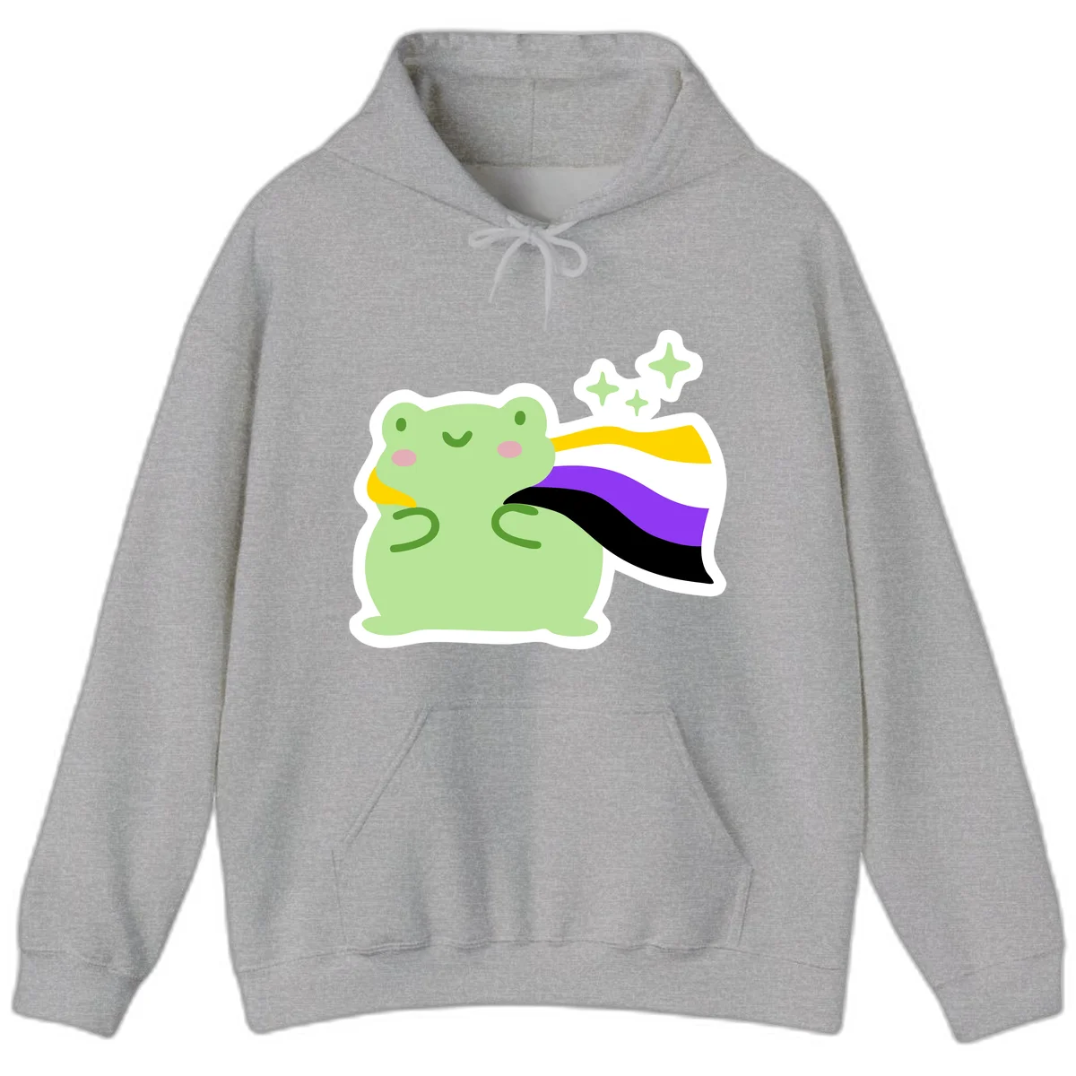 Cute green frog with pink cheeks wearing a yellow, purple, and black rainbow cape with floating sparkle stars in Sport Grey