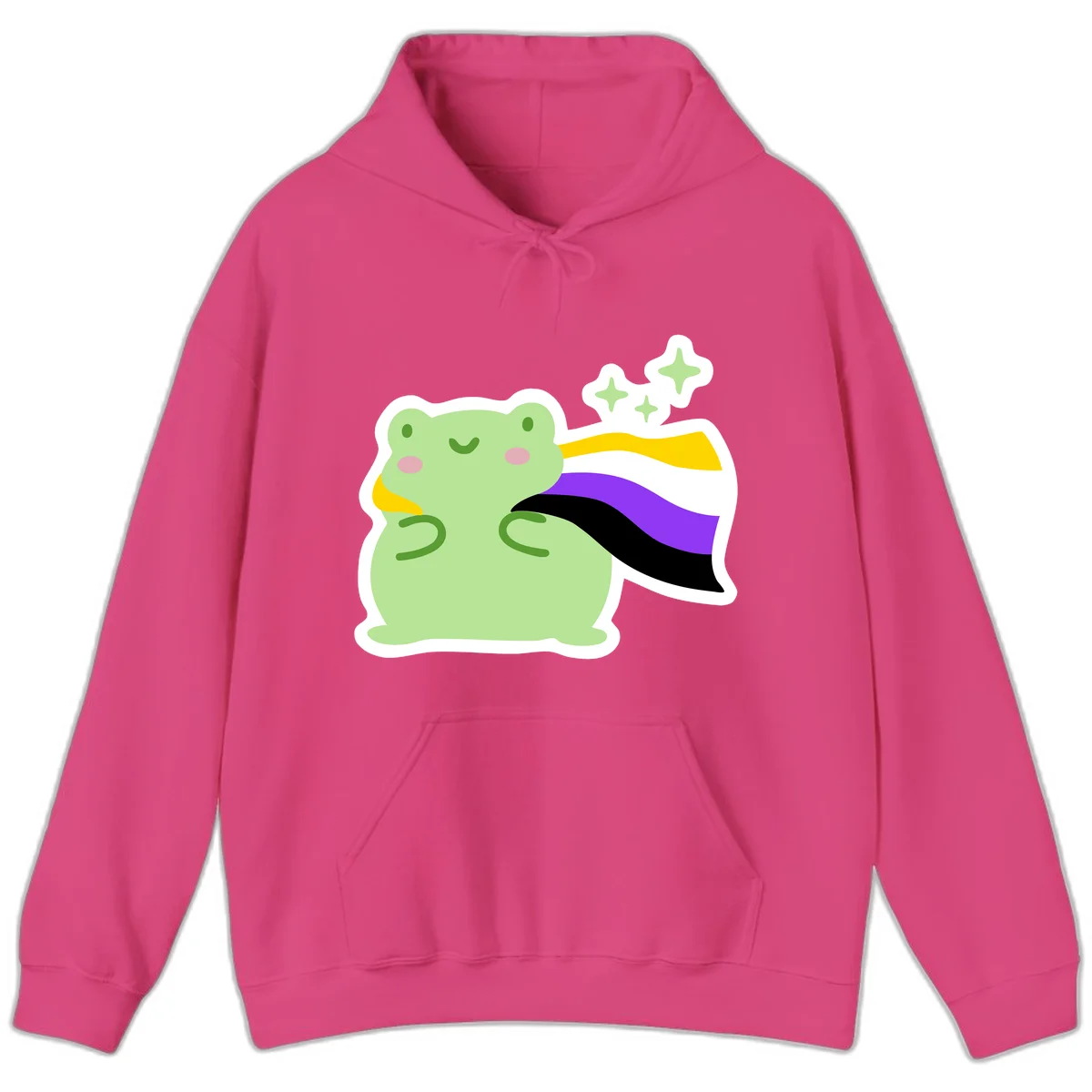 Cute green frog with pink cheeks wearing a yellow, purple, and black rainbow cape with floating sparkle stars in Heliconia