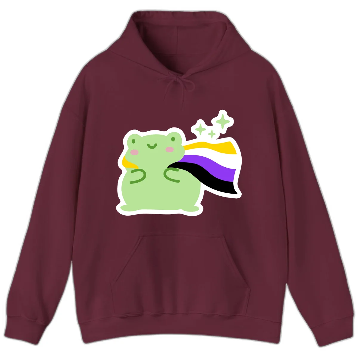 Cute green frog with pink cheeks wearing a yellow, purple, and black rainbow cape with floating sparkle stars in Maroon