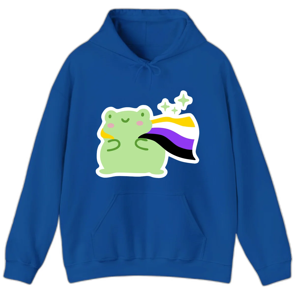 Cute green frog with pink cheeks wearing a yellow, purple, and black rainbow cape with floating sparkle stars in Royal