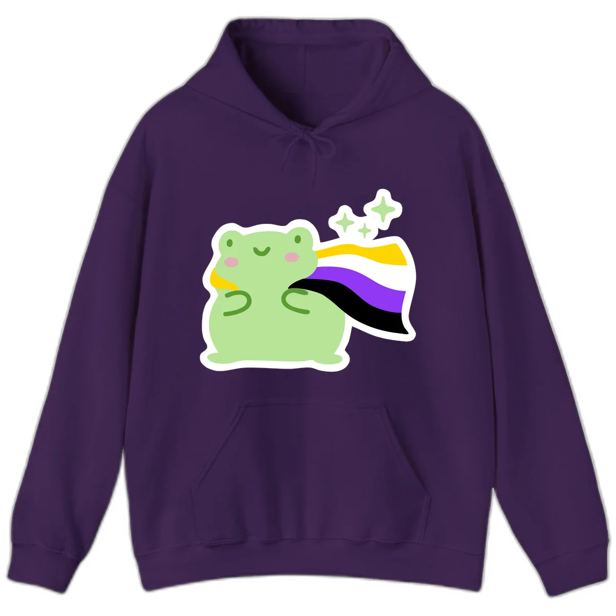 Cute green frog with pink cheeks wearing a yellow, purple, and black rainbow cape with floating sparkle stars in Purple