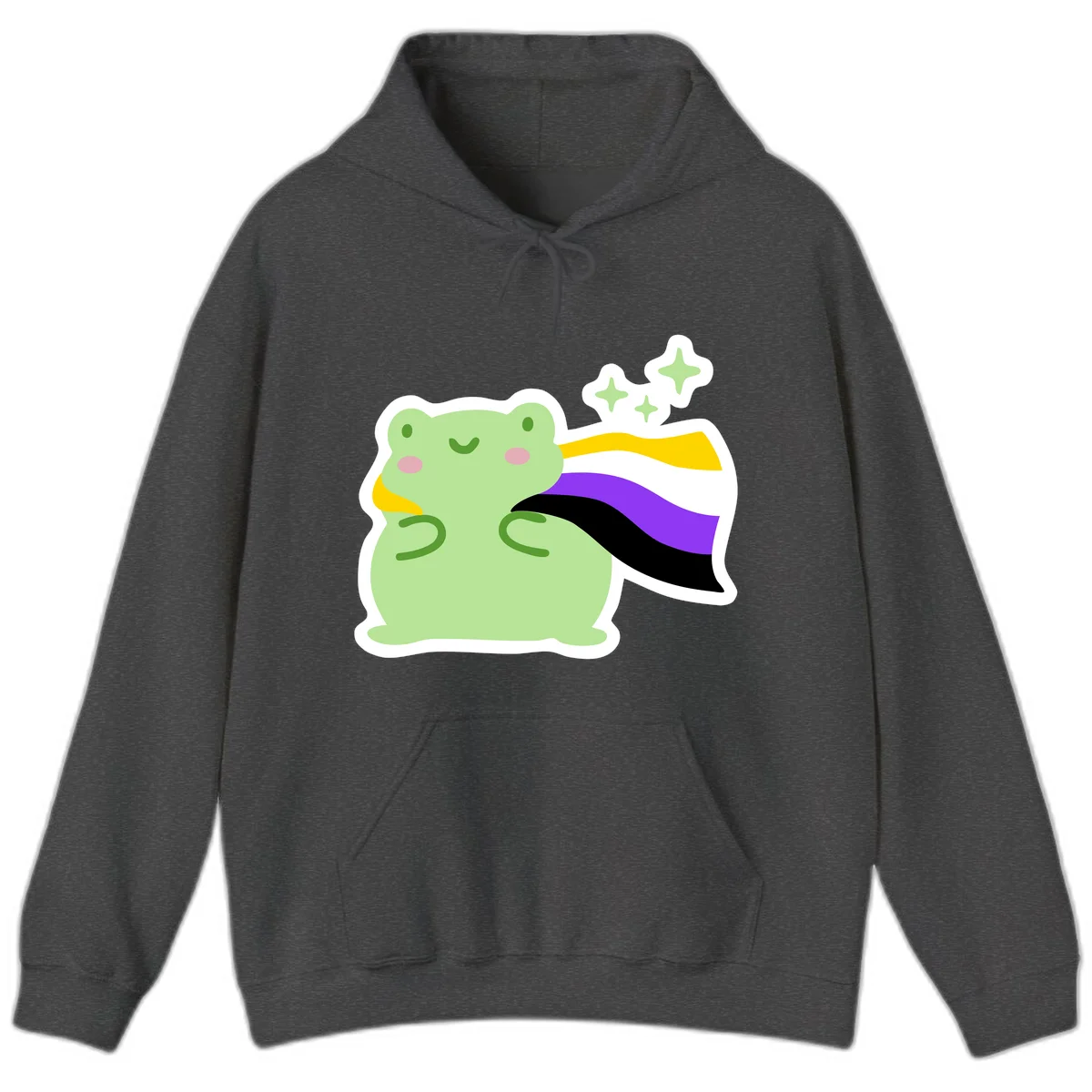 Cute green frog with pink cheeks wearing a yellow, purple, and black rainbow cape with floating sparkle stars in Dark Heather