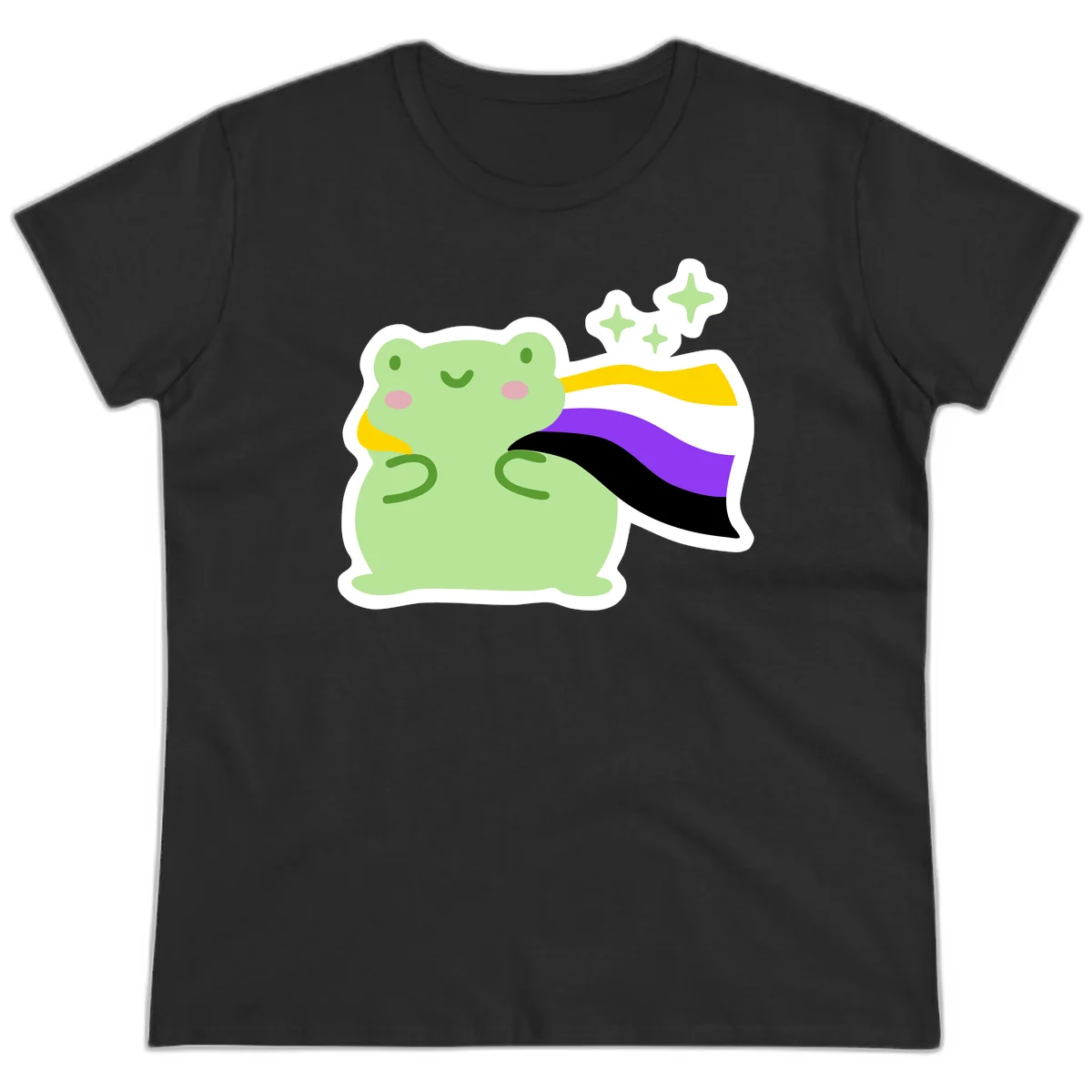 Cute green frog with pink cheeks wearing a yellow, purple, and black rainbow cape with floating sparkle stars in Black
