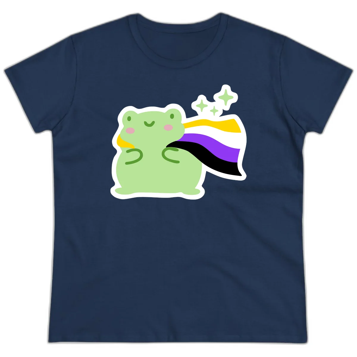 Cute green frog with pink cheeks wearing a yellow, purple, and black rainbow cape with floating sparkle stars in Navy