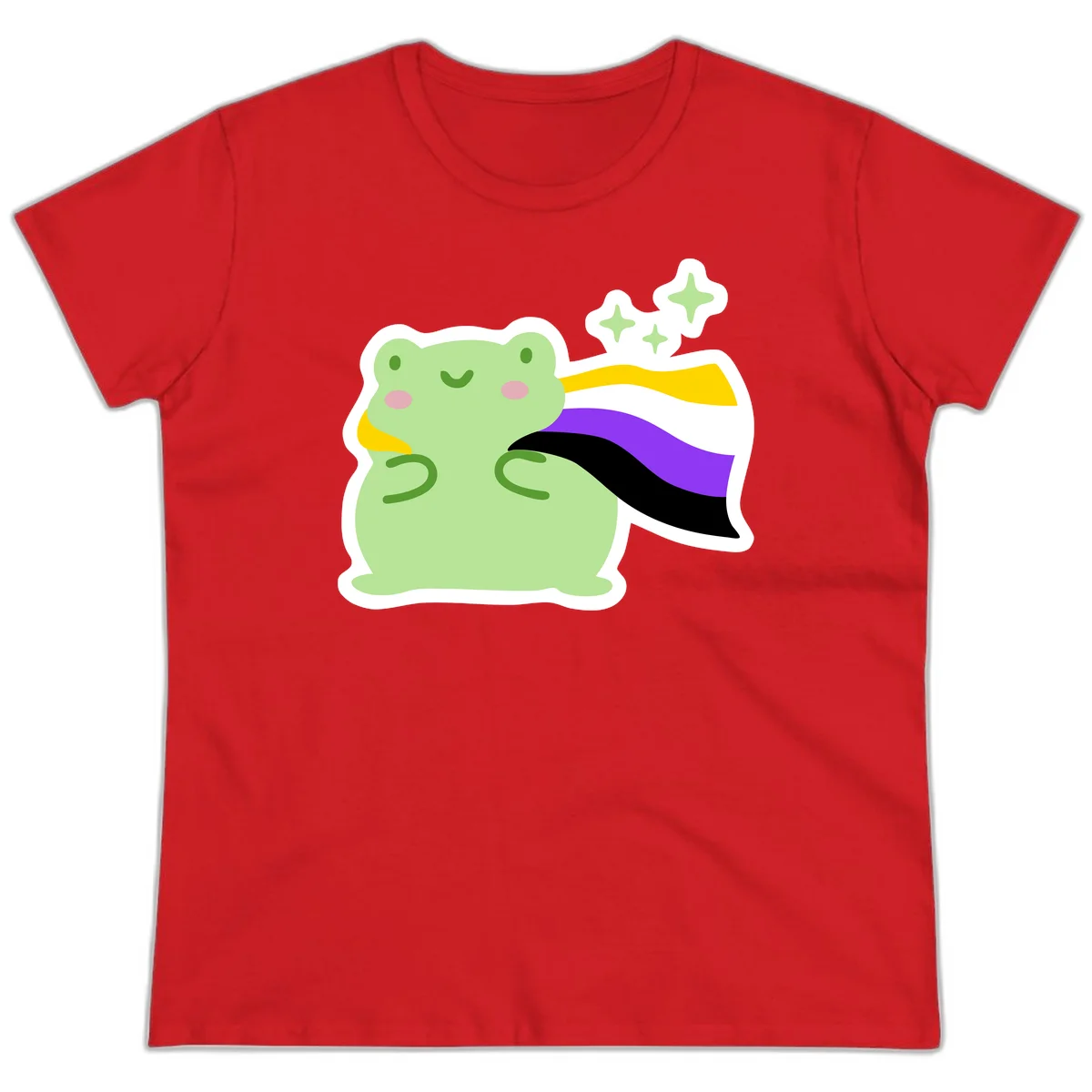 Cute green frog with pink cheeks wearing a yellow, purple, and black rainbow cape with floating sparkle stars in Red