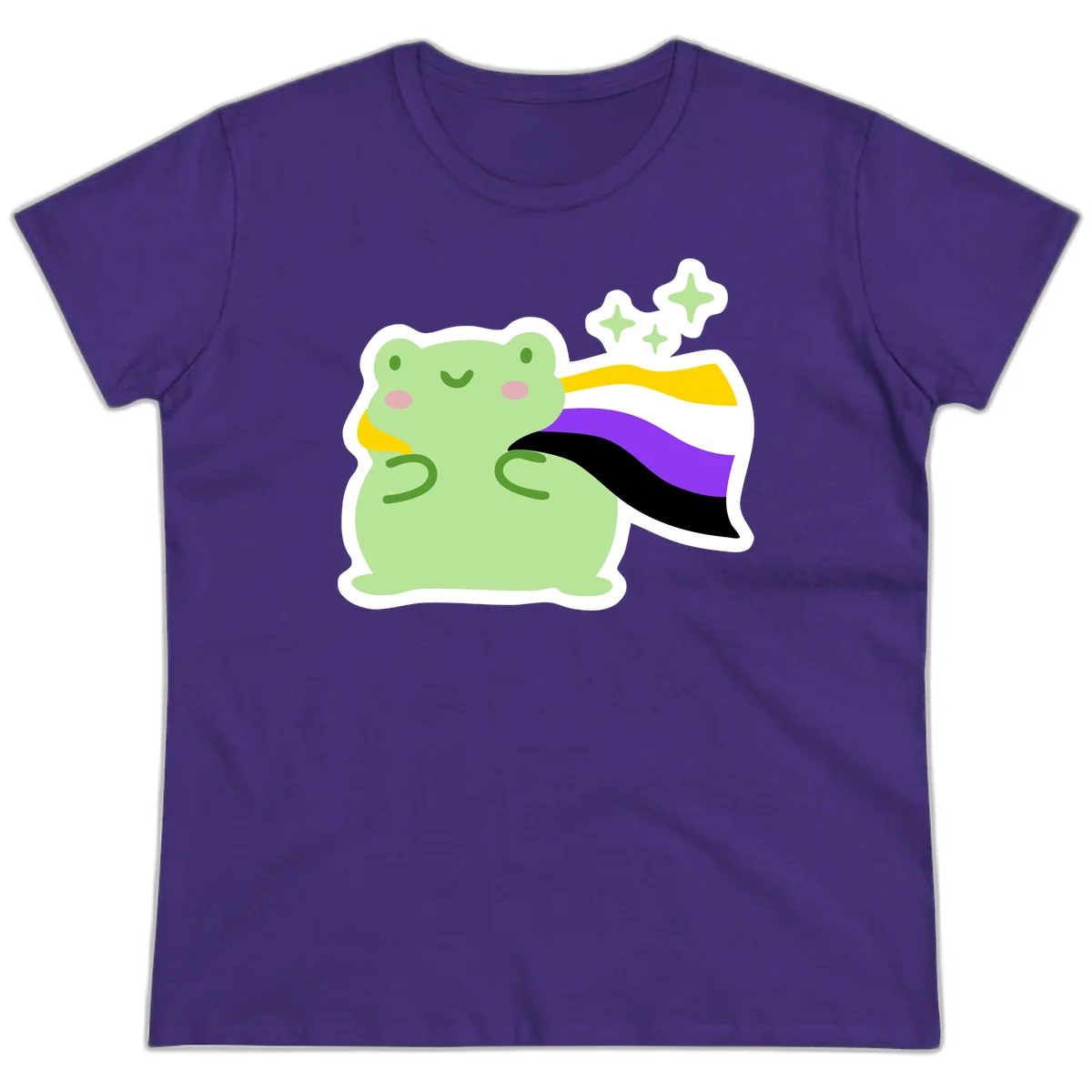 Cute green frog with pink cheeks wearing a yellow, purple, and black rainbow cape with floating sparkle stars in Purple