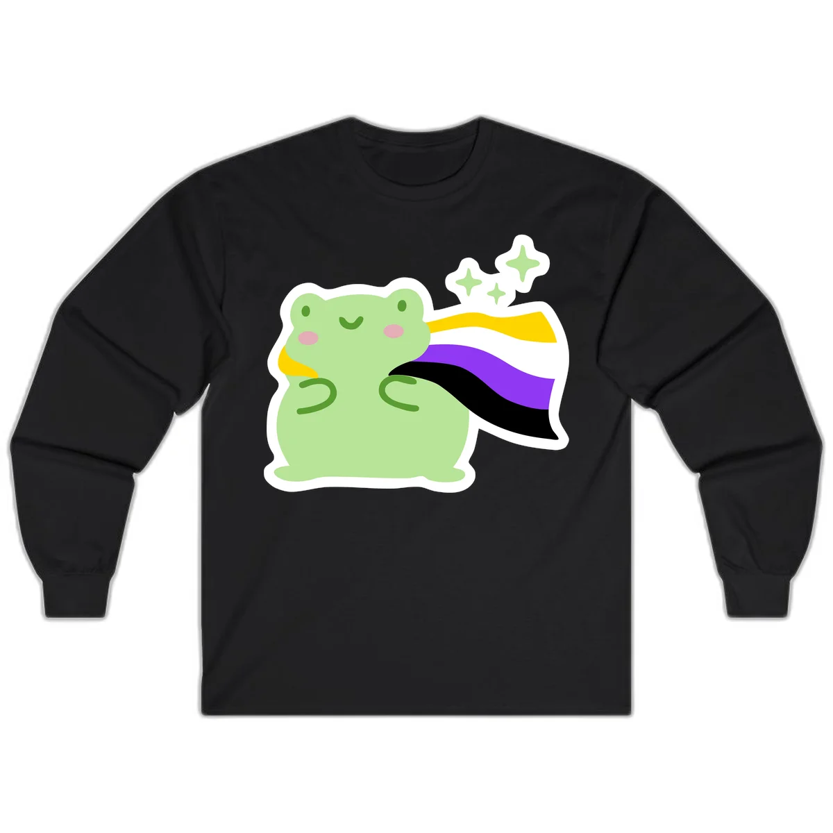 Cute green frog with pink cheeks wearing a yellow, purple, and black rainbow cape with floating sparkle stars in Black