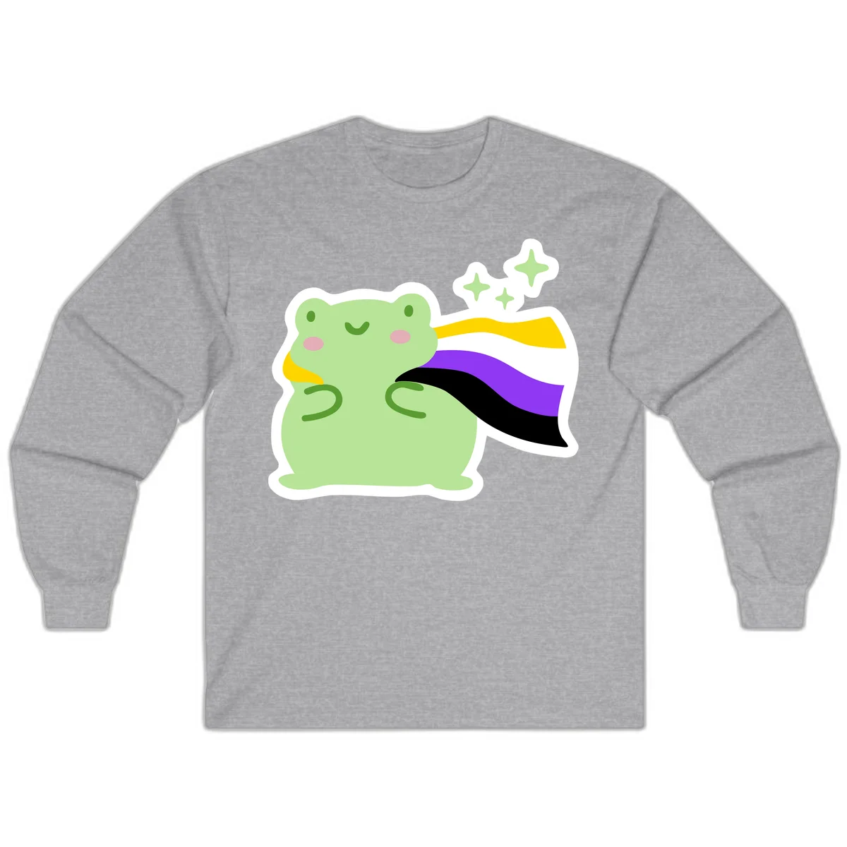 Cute green frog with pink cheeks wearing a yellow, purple, and black rainbow cape with floating sparkle stars in Sport Grey