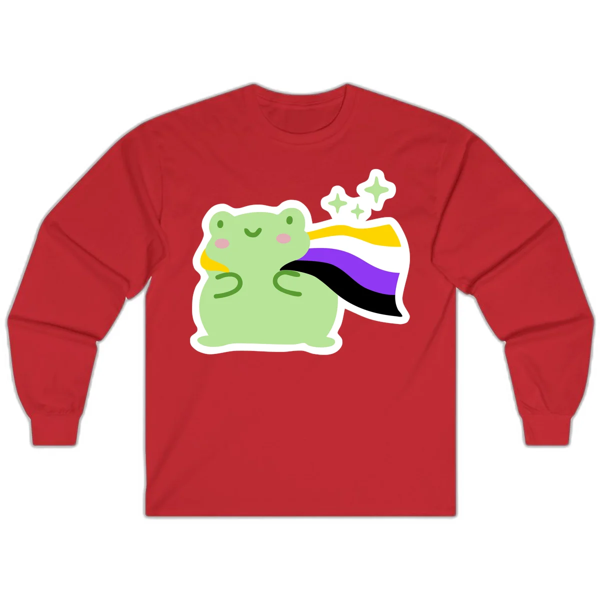 Cute green frog with pink cheeks wearing a yellow, purple, and black rainbow cape with floating sparkle stars in Red