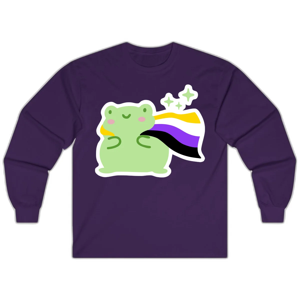 Cute green frog with pink cheeks wearing a yellow, purple, and black rainbow cape with floating sparkle stars in Purple