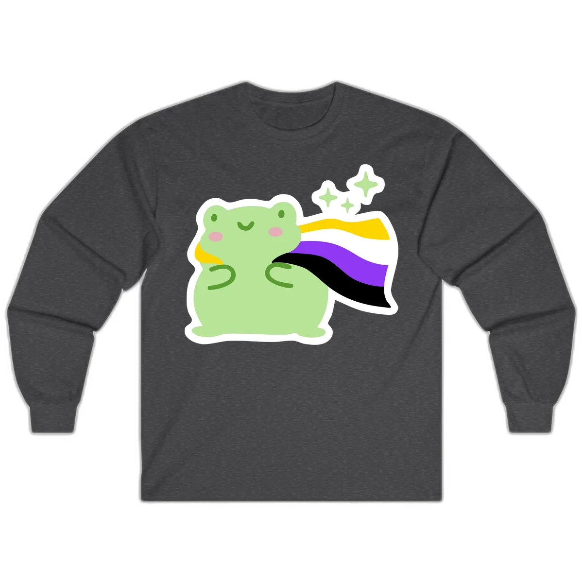 Cute green frog with pink cheeks wearing a yellow, purple, and black rainbow cape with floating sparkle stars in Dark Heather