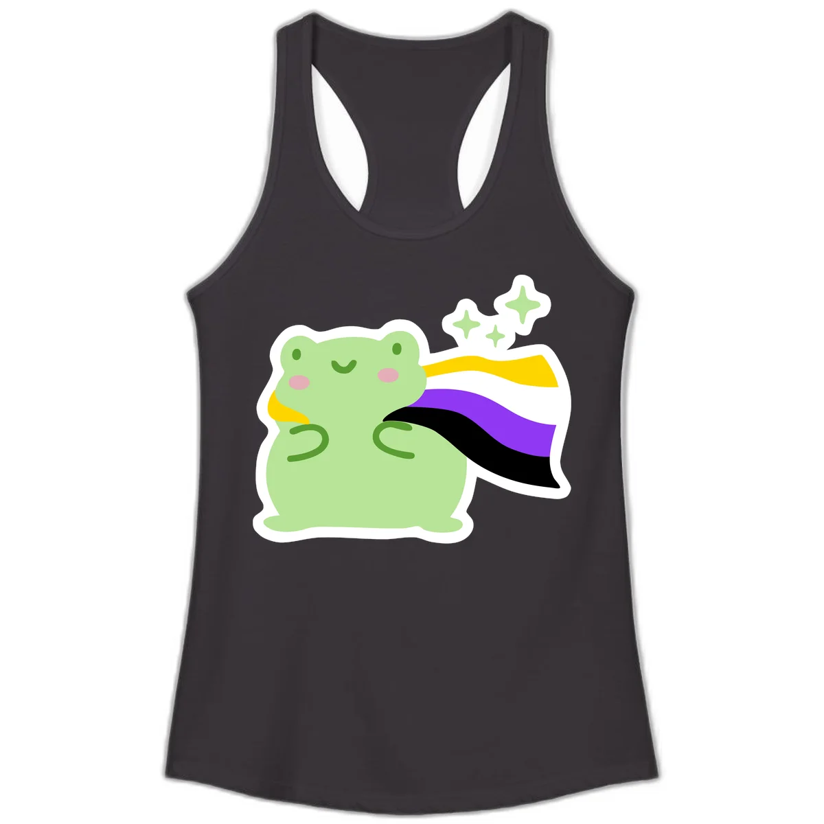 Cute green frog with pink cheeks wearing a yellow, purple, and black rainbow cape with floating sparkle stars in Black