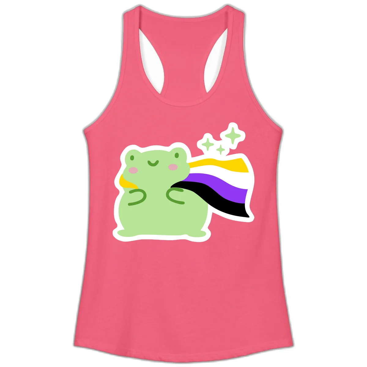 Cute green frog with pink cheeks wearing a yellow, purple, and black rainbow cape with floating sparkle stars in Hot Pink